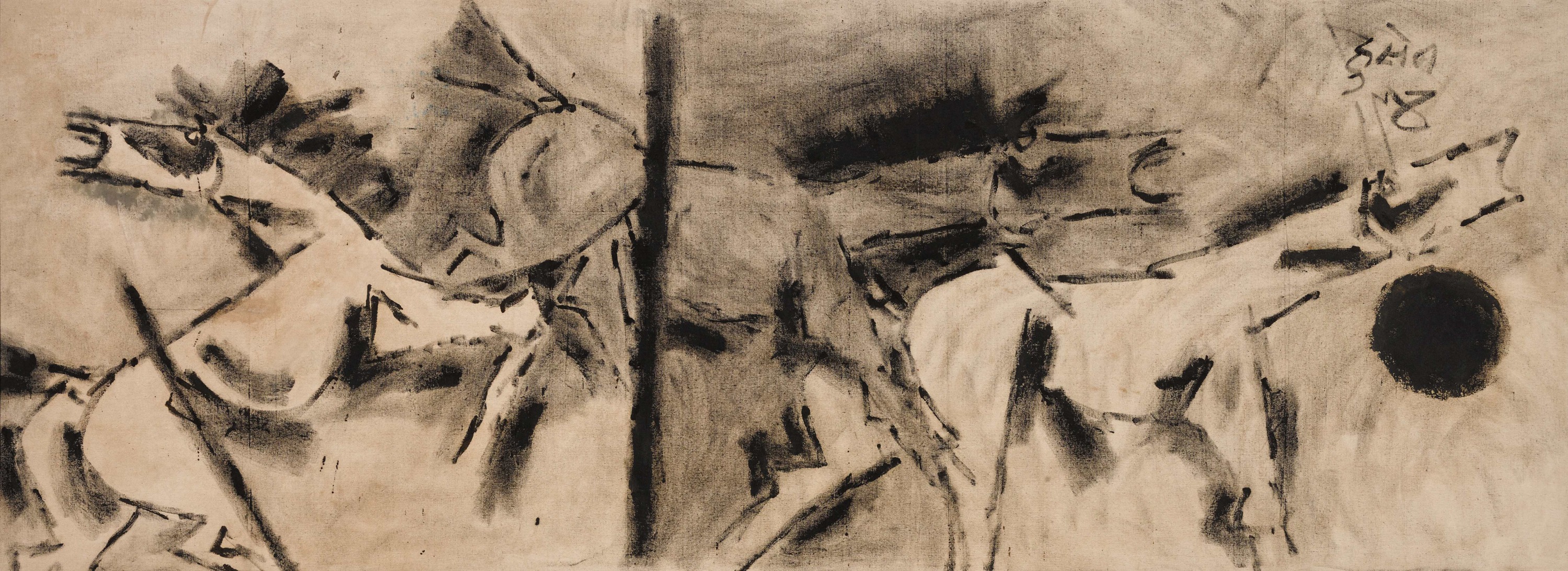 Maqbool Fida Husain, Untitled Three Horses, c 1970s,&nbsp;Oil and charcoal on linen canvas, 36 x 84 in (91.4 x 213.4 cm), HUSMF453