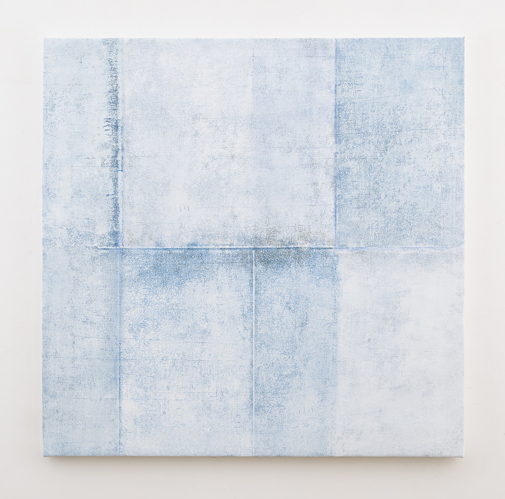 Abstract painting in white and blue with the horizontal and vertical lines
