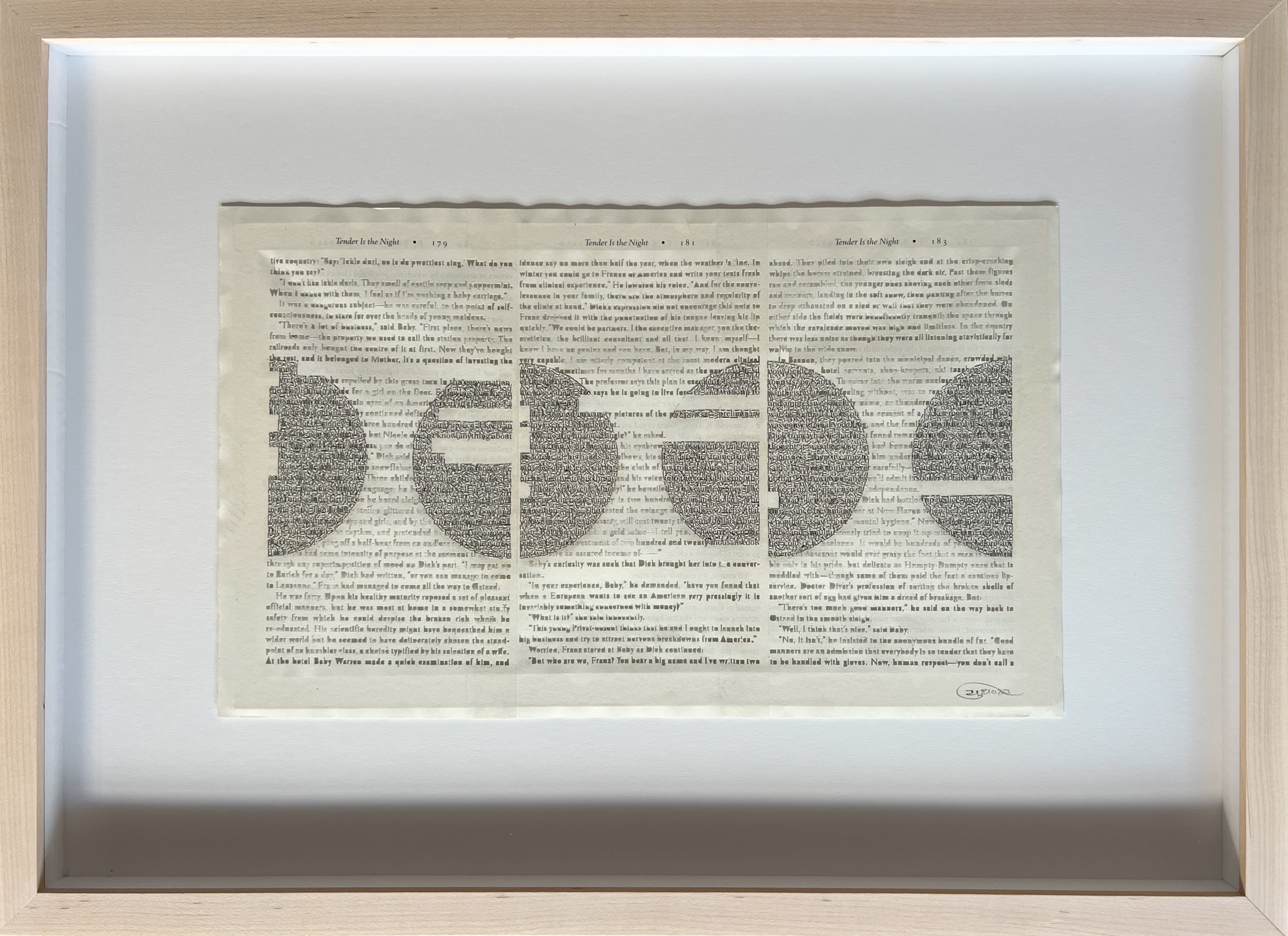 Youdhisthir Maharjan, Tender is the Night, 2017, Hand-cut text collage on reclaimed book pages, 9 x 15 in