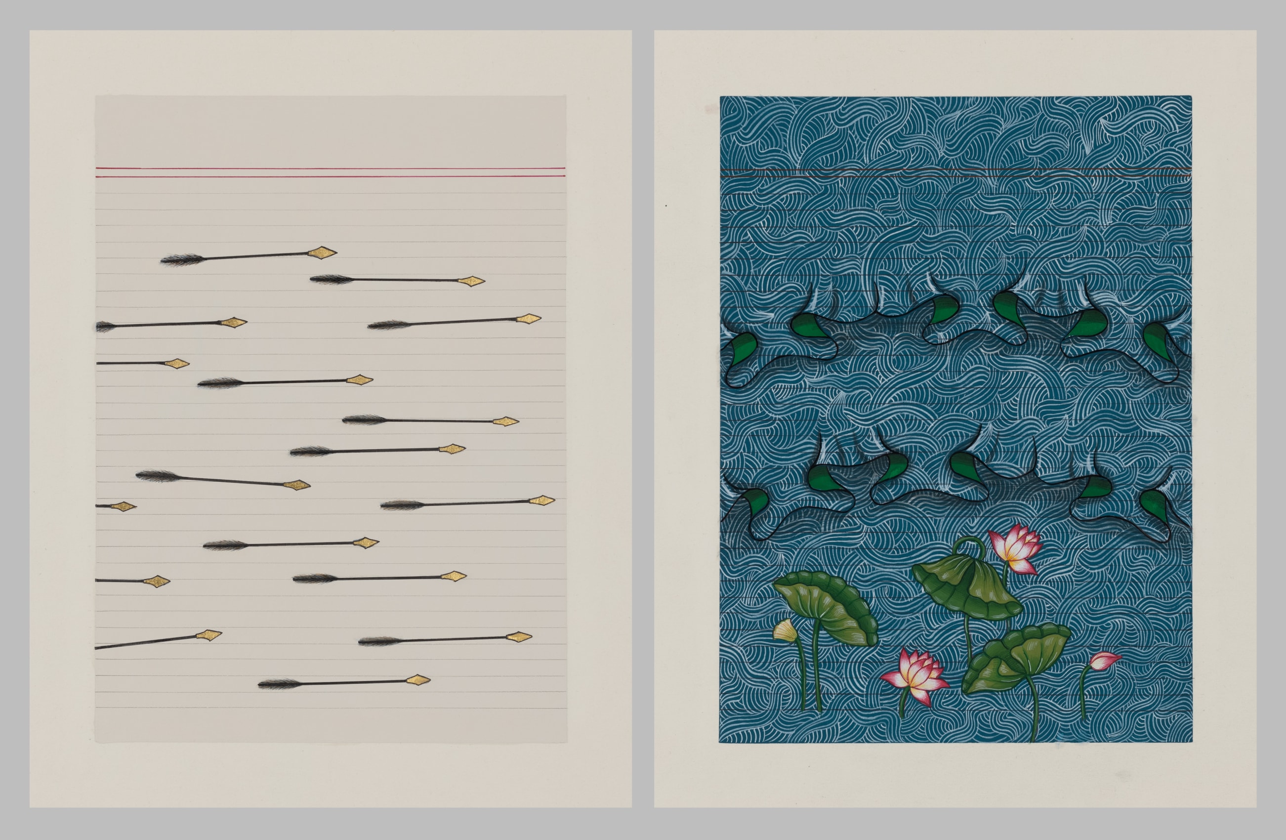 Painting of spears and ruffled hems in a sea of blue on wasli paper