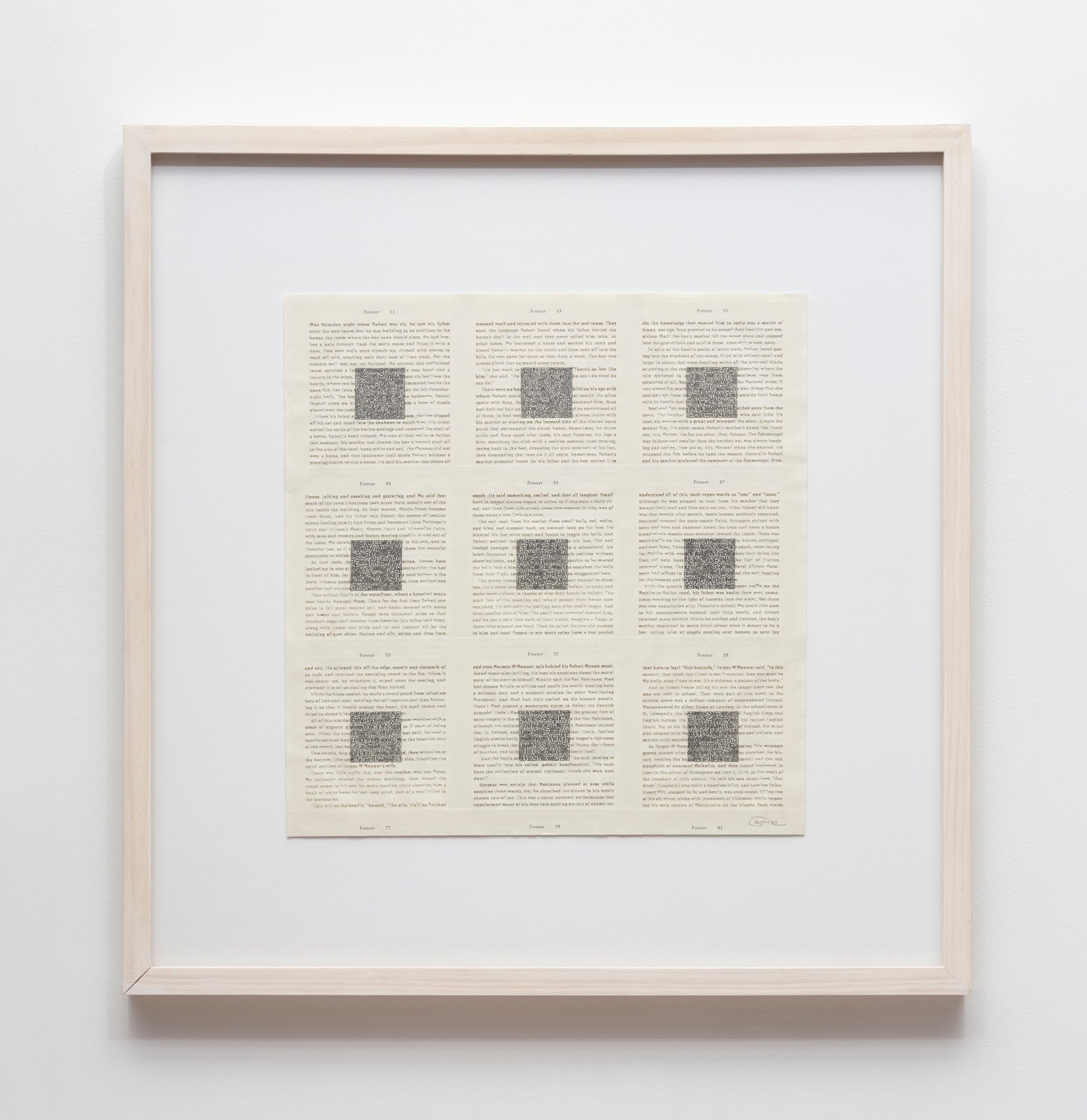 Youdhisthir Maharjan, Forever, 2017, Hand-cut text collage on reclaimed book pages, 15 x 14 in