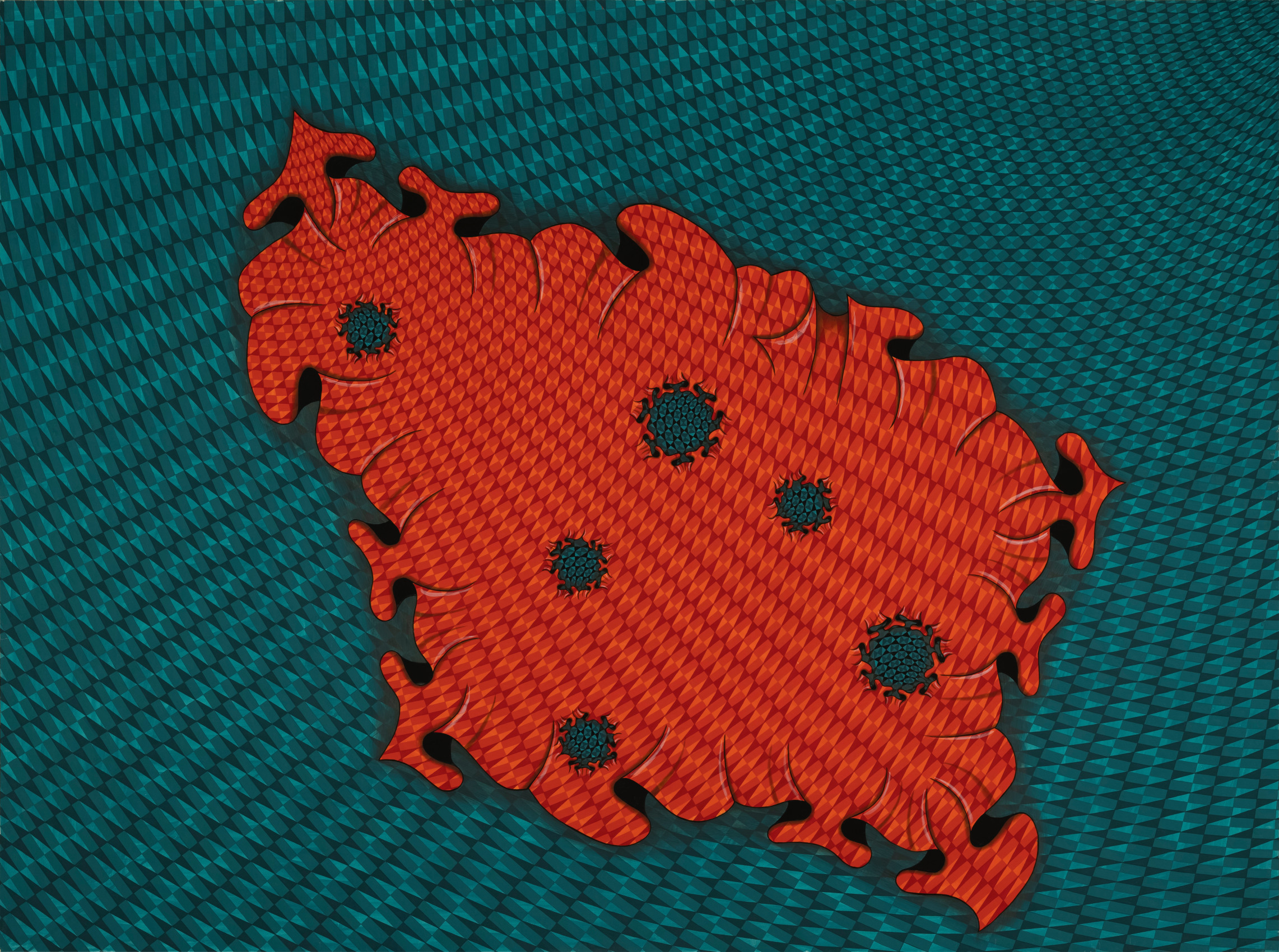 Red and teal abstract neo-miniature painting