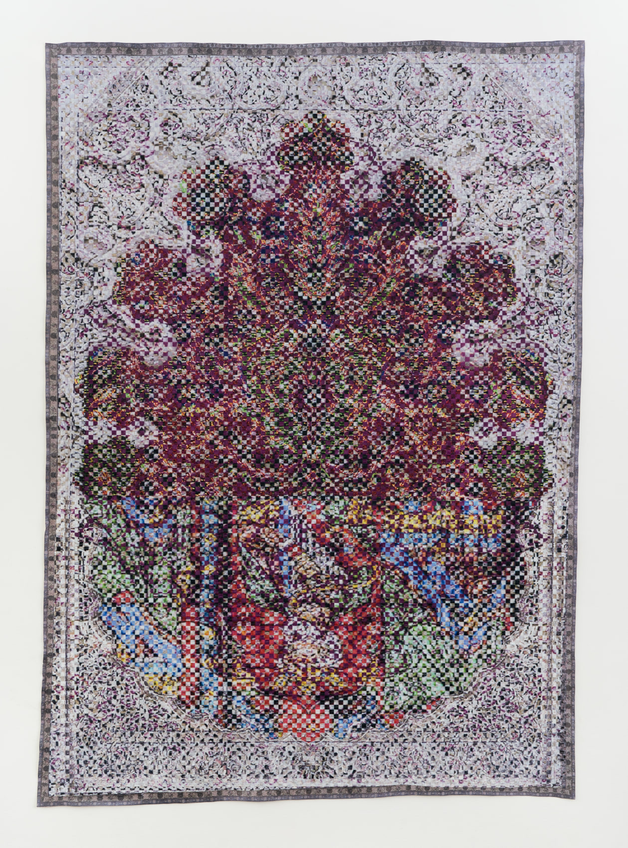 Woven paper artwork reminiscent of an oriental rug and stained glass windows