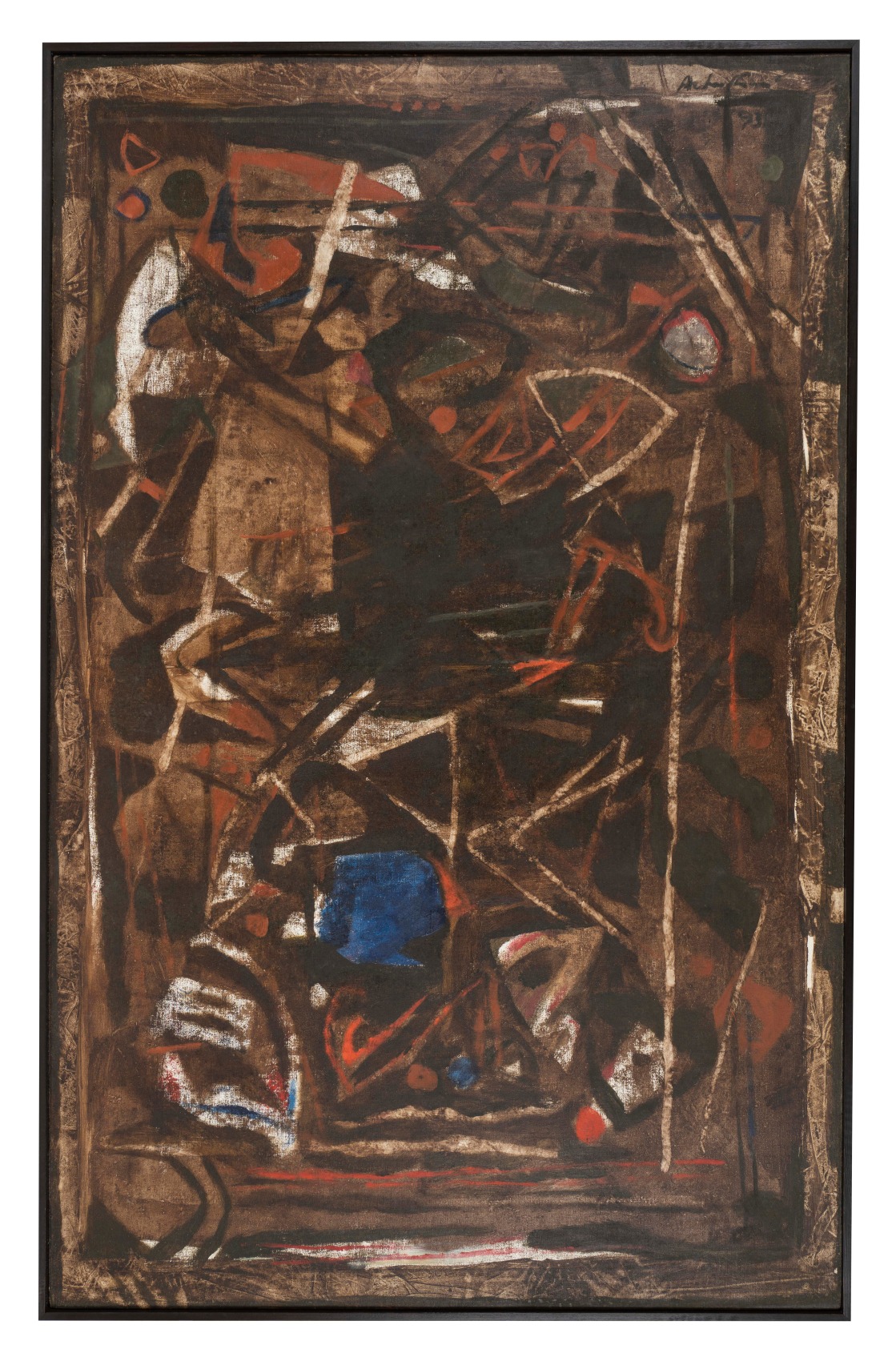 Abstract painting with brown background and complimenting shapes and colours overtop.