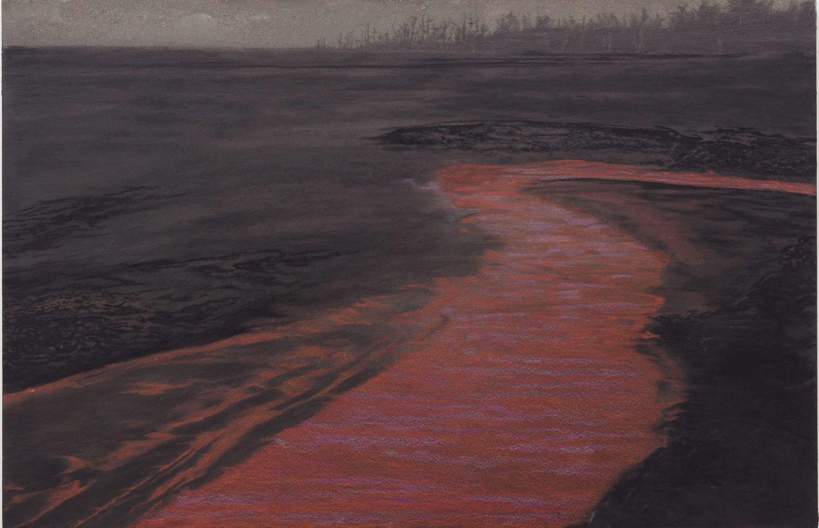 Saad Qureshi,&nbsp;River Dies of Thirst,&nbsp;2018,&nbsp;Mixed media including wood ash, black sand, charcoal, colored pencil on birch plywood, 25.6 x 39.4 in