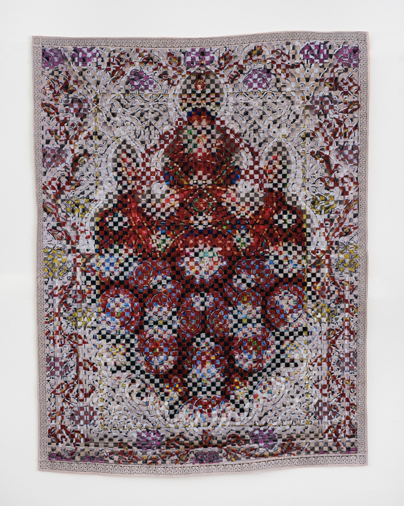 Woven paper artwork reminiscent of an oriental rug and stained glass windows