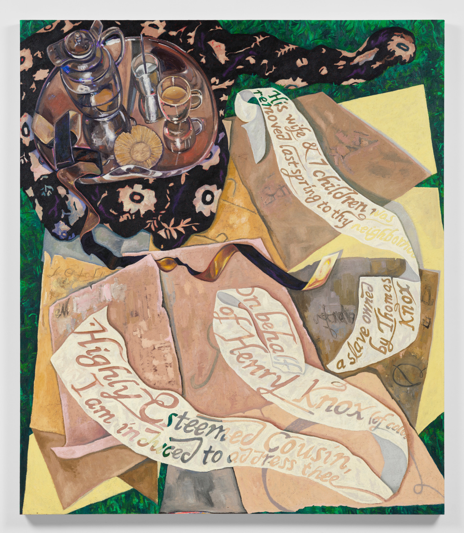 Still life of a tea/coffee service with excerpts from a letter penned by the artist's ancestor.