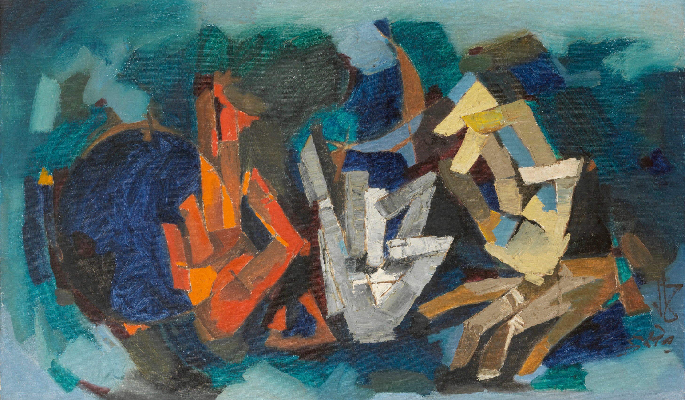 M. F. Husain,&nbsp;Untitle (Mudra), 1970s, Oil on canvas, 30 x 50 in