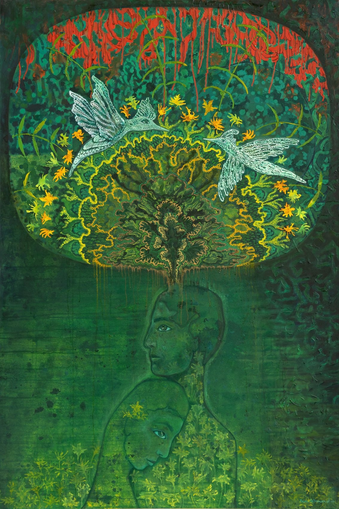 Painting of 2 human figures on the bottom of the canvas and birds, flowers and plants figures on the top part of the canvas in red, yellow, blue and green tones