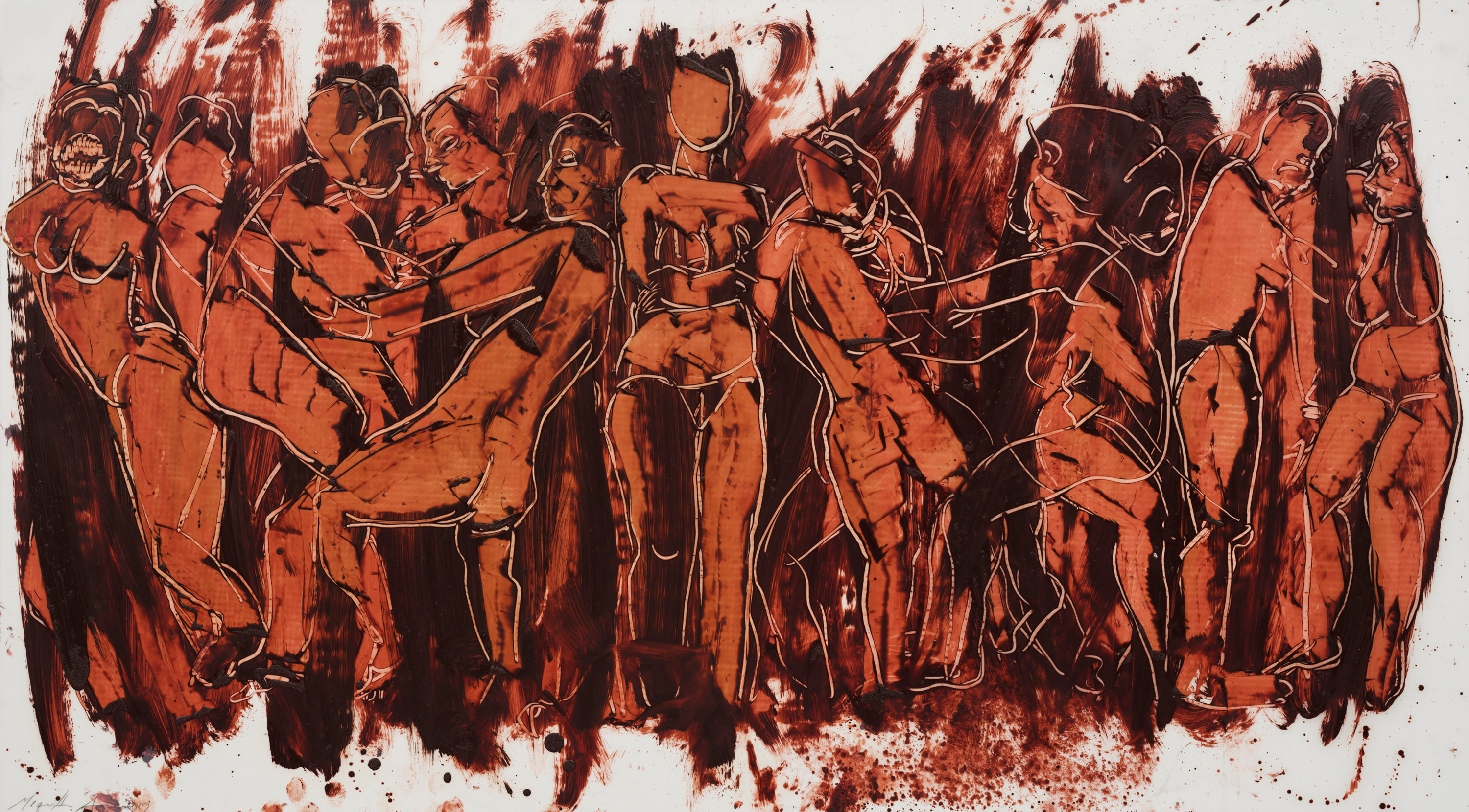 Mequitta Ahuja, Hinge,&nbsp;2020,&nbsp;Oil on polyester drafting film,&nbsp;20 x 36 in