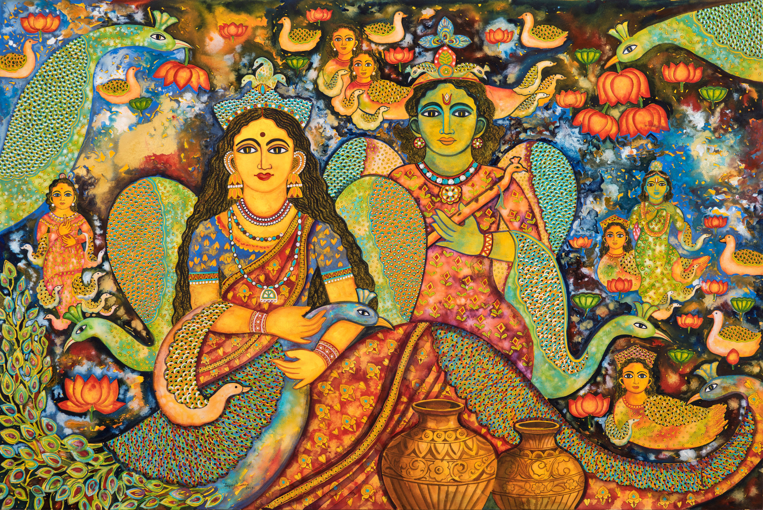 Jayasri Burman, Radha and Krishna, 2017, Mixed media on paper, 48 x 72 in