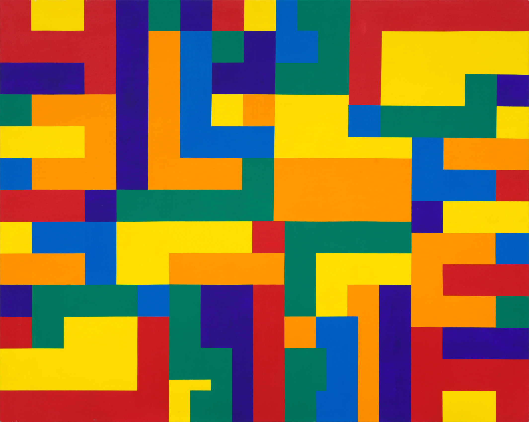 Bright geometric calligraphy painting - the title of the work is decipherable with close looking in the composition