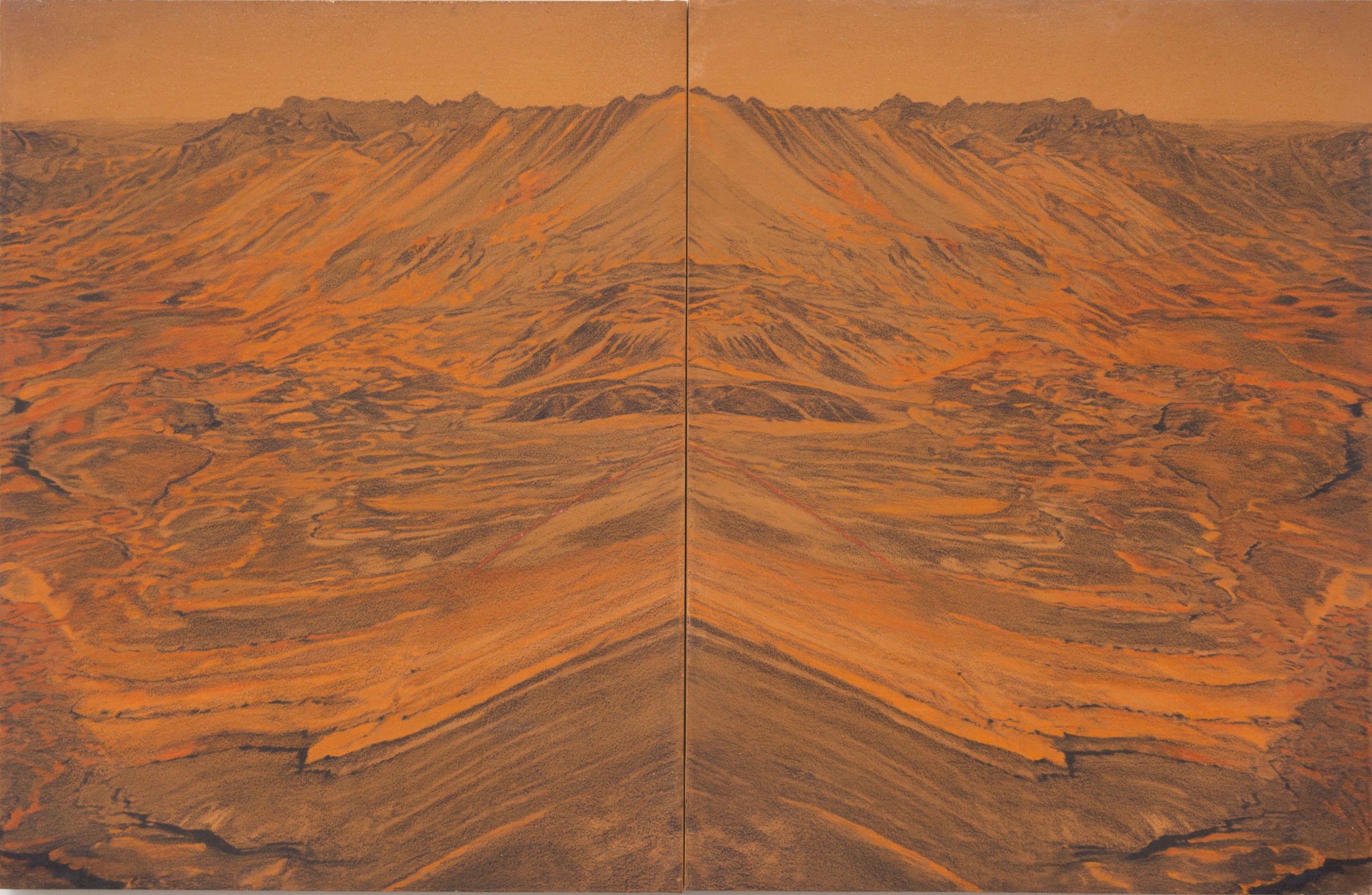 Saad Qureshi,&nbsp;Chaos Theory,&nbsp;2018,&nbsp;Mixed media including brick-dust, charcoal, colored pencil, ink on birch plywood, 25.6 x 39.4 in