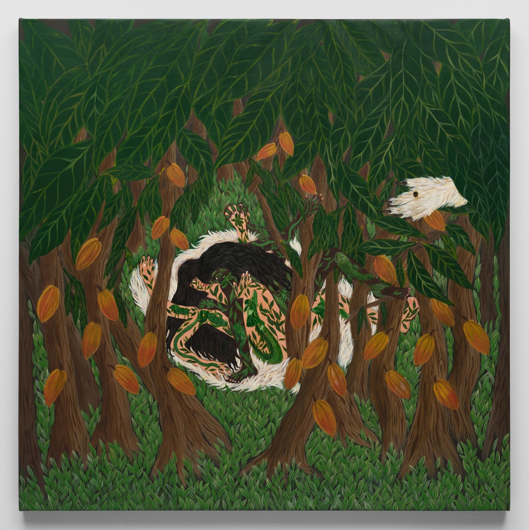 Two women having sex on a white fur in the middle of the forest