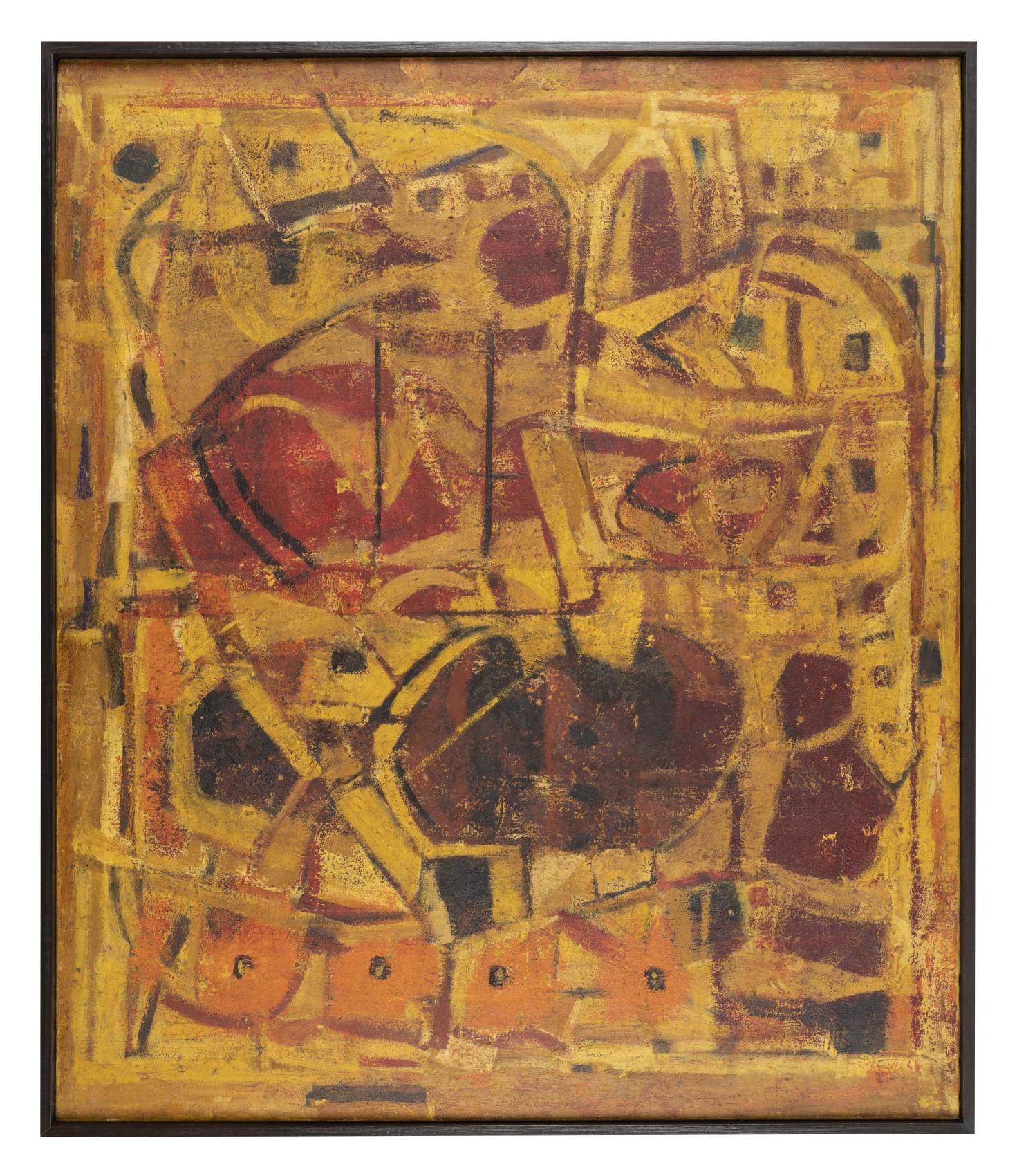 Abstract painting with yellow background and complimenting shapes and colours overtop.