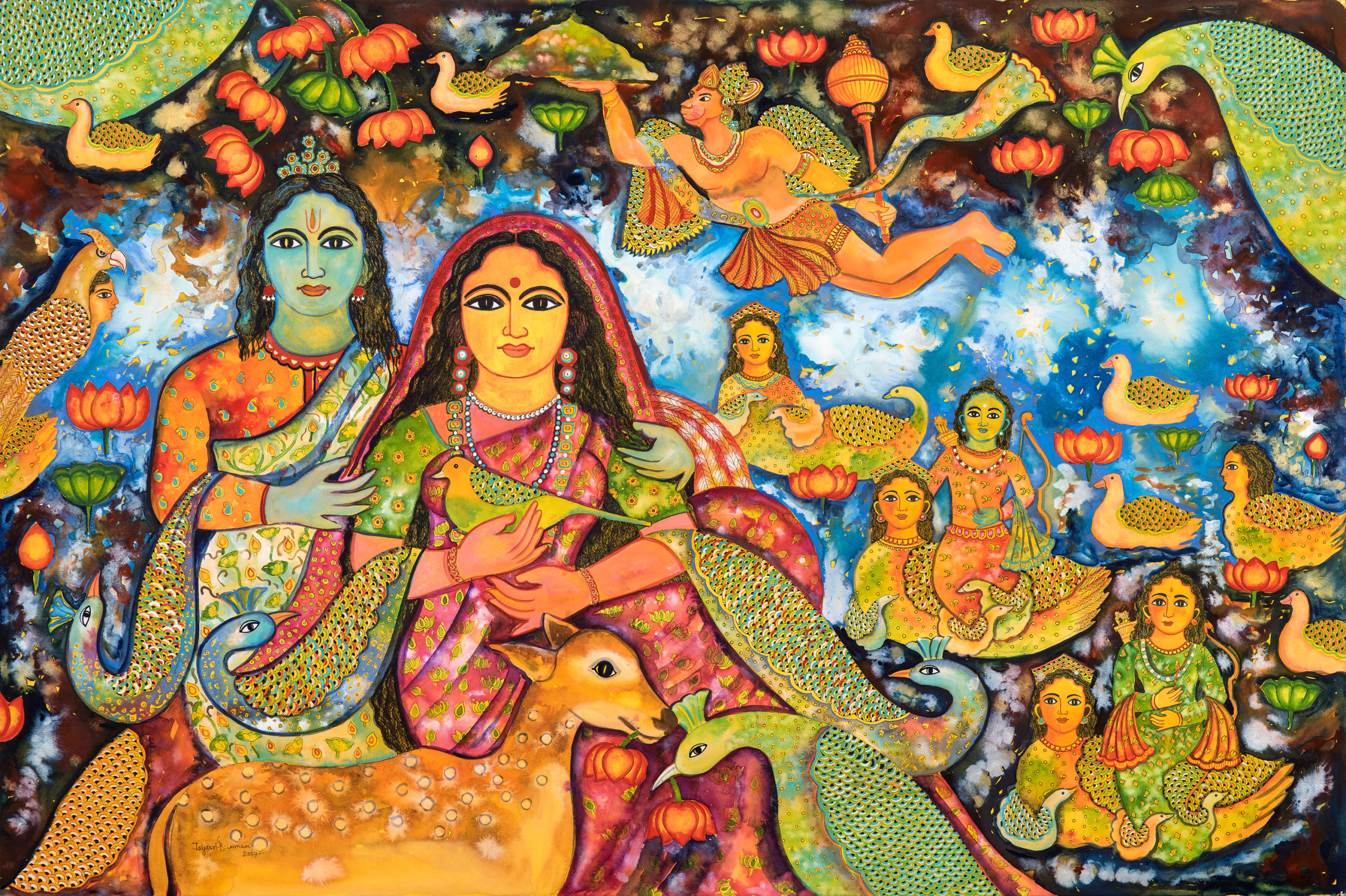 Jayasri Burman, Sita and Ram, 2017, Mixed media on paper, 48 x 72 in
