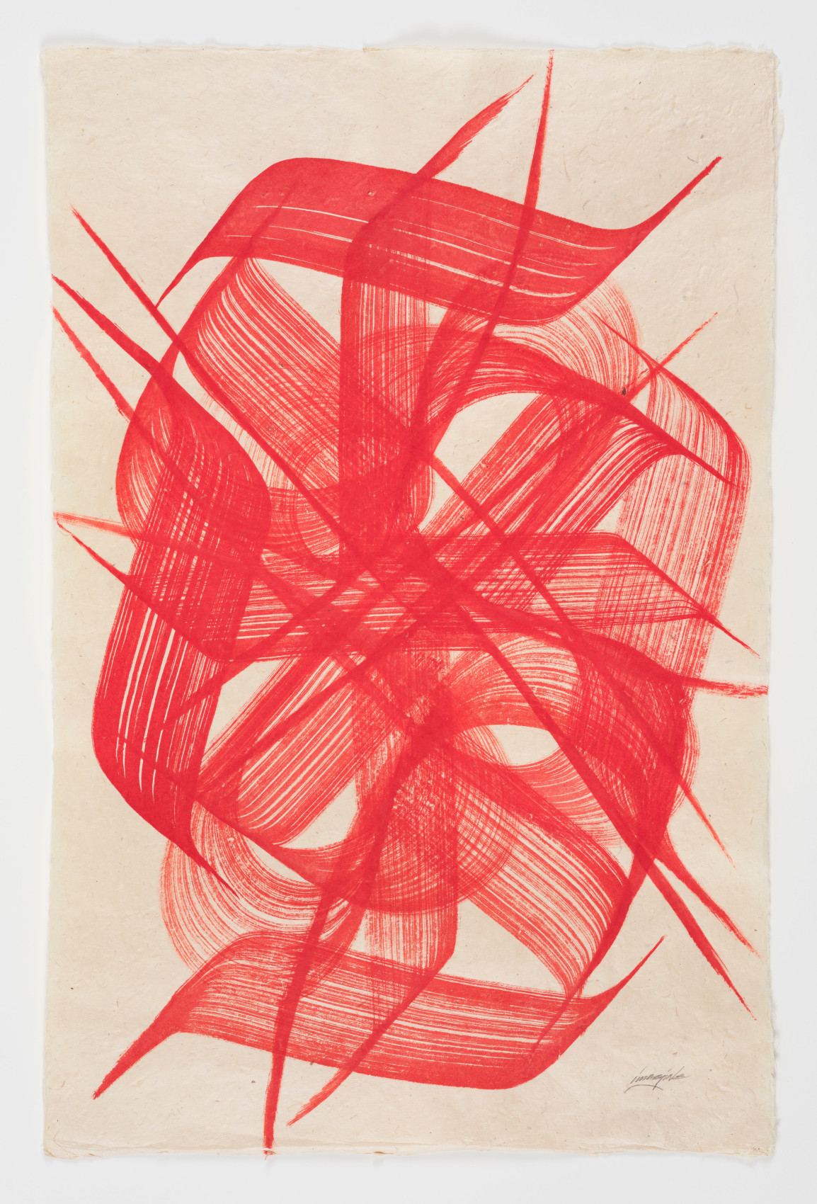 Abstract red geometric shape with acryilc ink on handmade Nepali paper