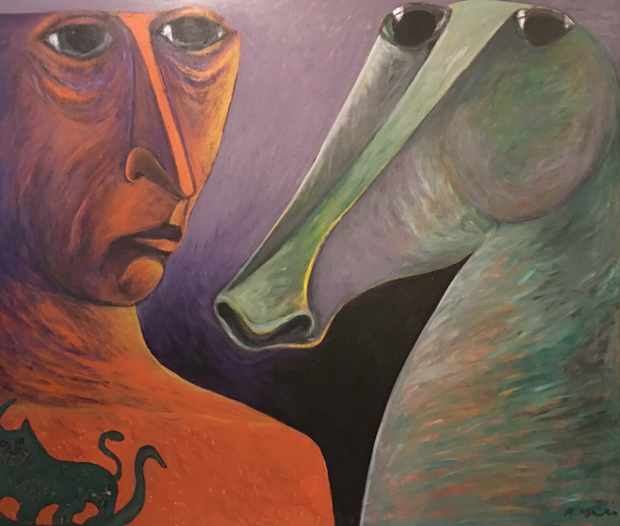 Ahmed Morsi, Untitled (Man and Two Creatures),&nbsp;1986,&nbsp;Acrylic on canvas,&nbsp;60.25 x 70 in