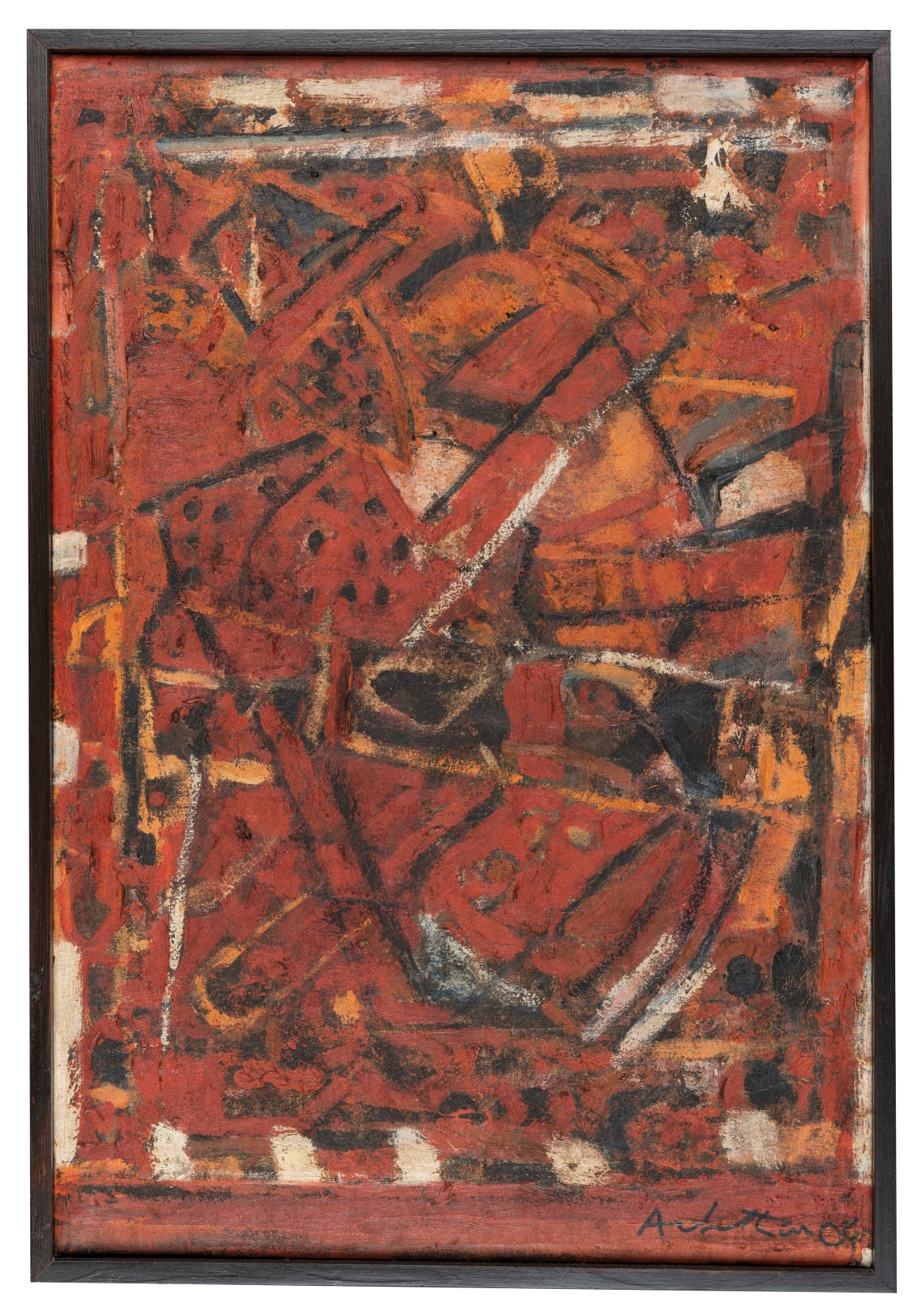 Abstract painting with red background and complimenting shapes and colours overtop.