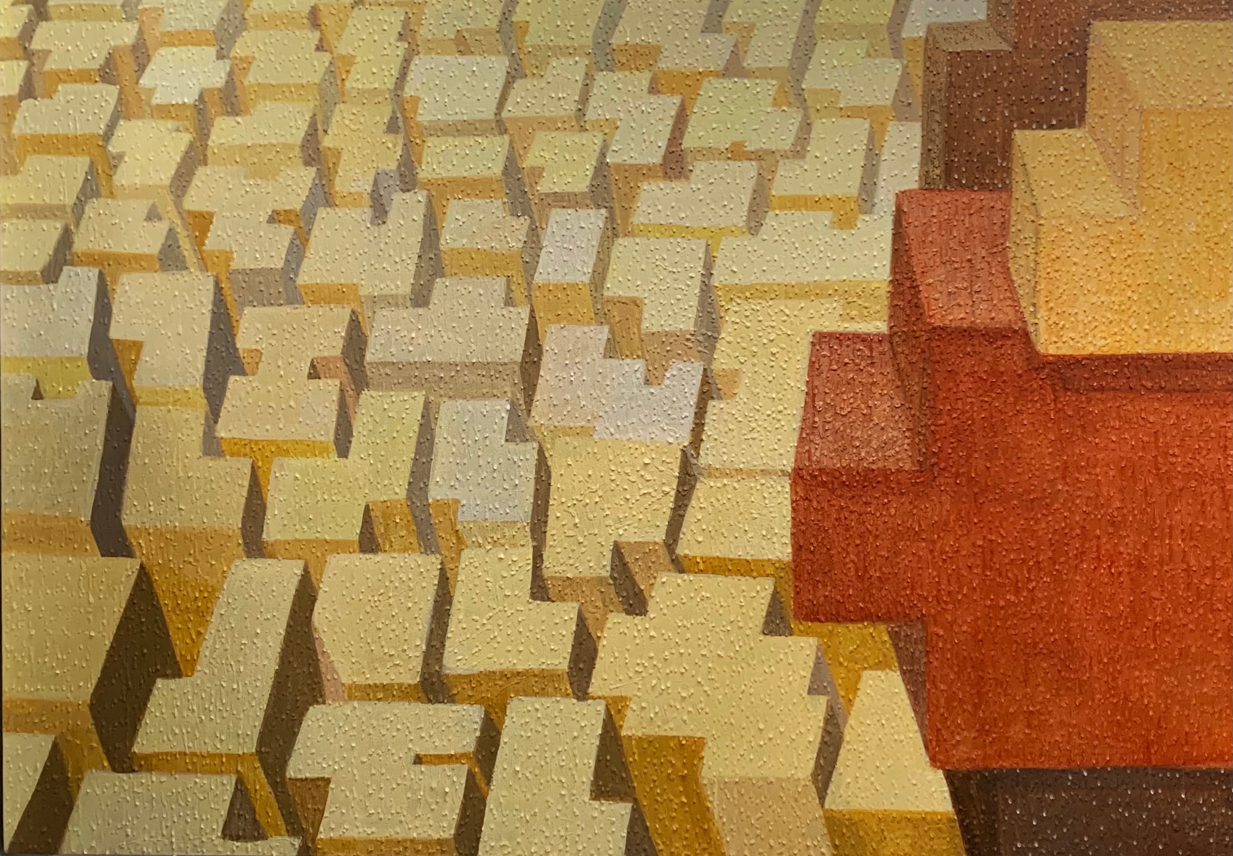 Acrylic painting of a city scape from birds-eye-view in yellow, orange and red.