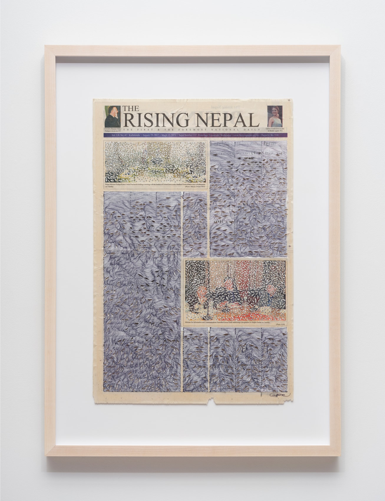 Youdhisthir Maharjan, The Rising Nepal (1/25/2017), 2017, Hand-cut text collage on reclaimed newspaper, 21.5 x 13.75 in
