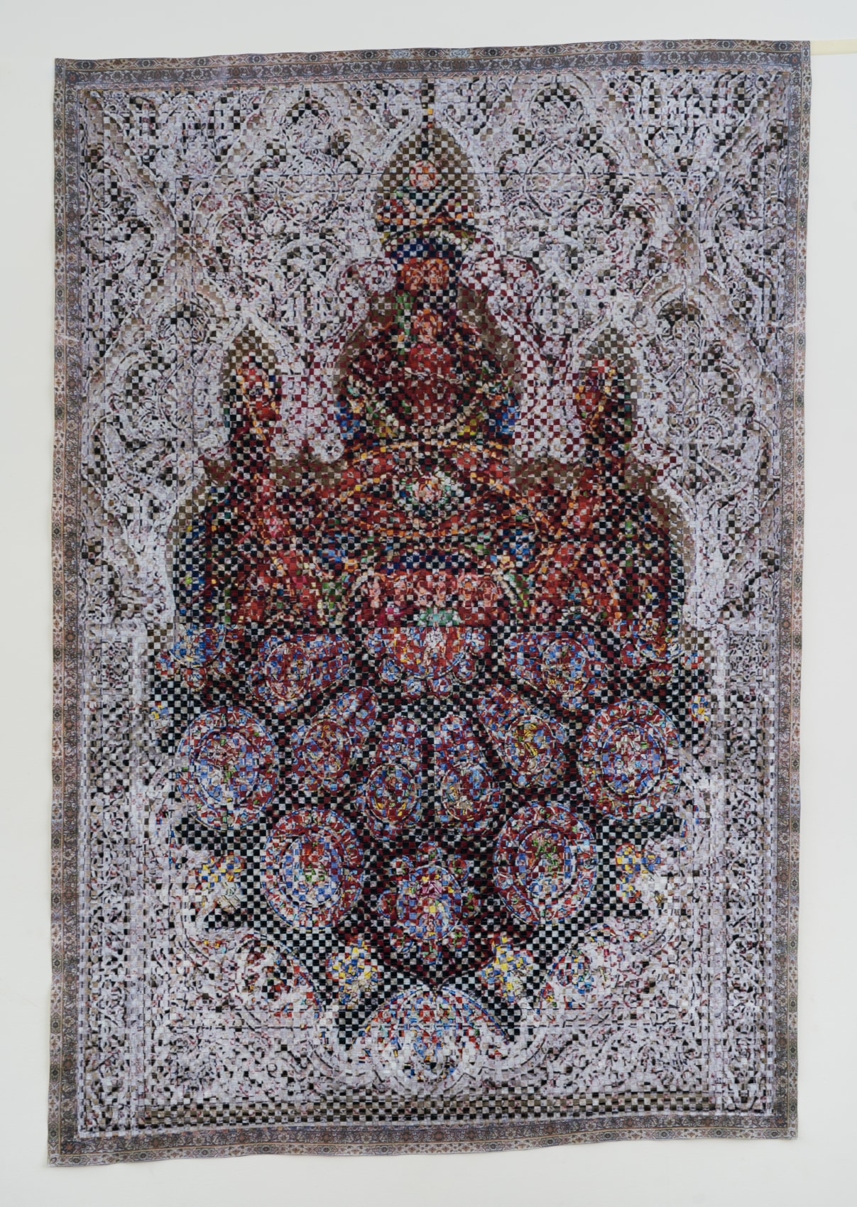 Woven paper artwork reminiscent of an oriental rug and stained glass windows
