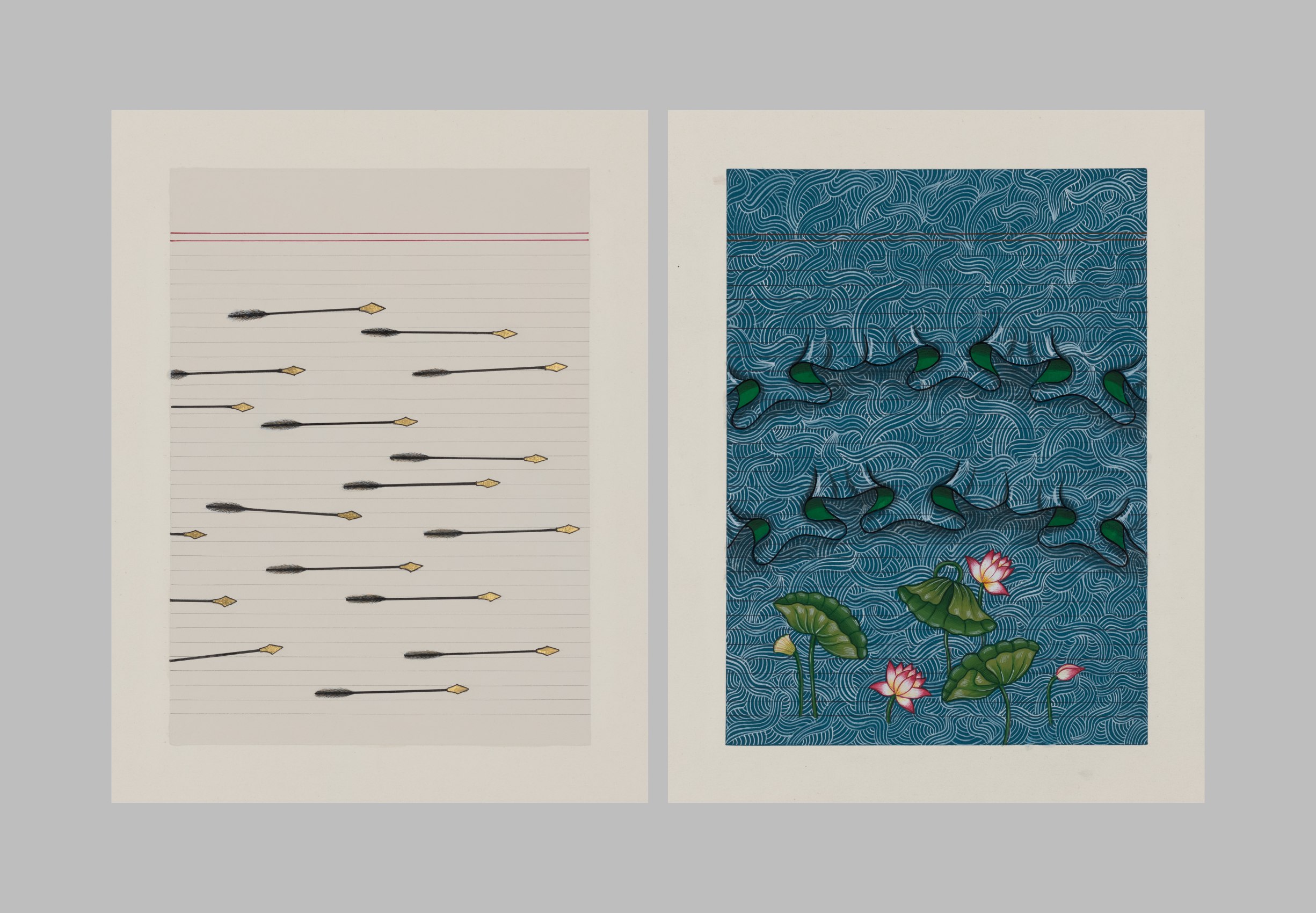 Diptych - one side is spears, the other is rippling blue fabric hems and lotus flowers