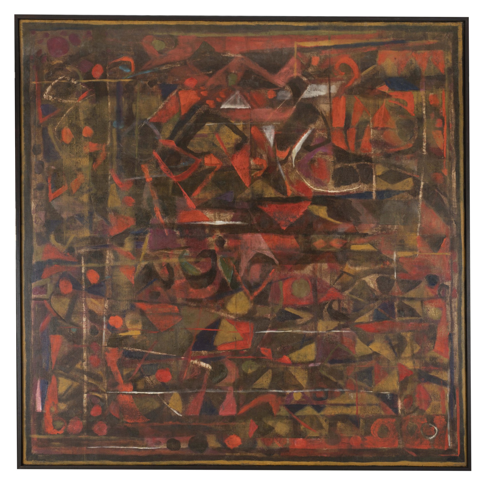 Abstract painting with red background and complimenting shapes and colours overtop.