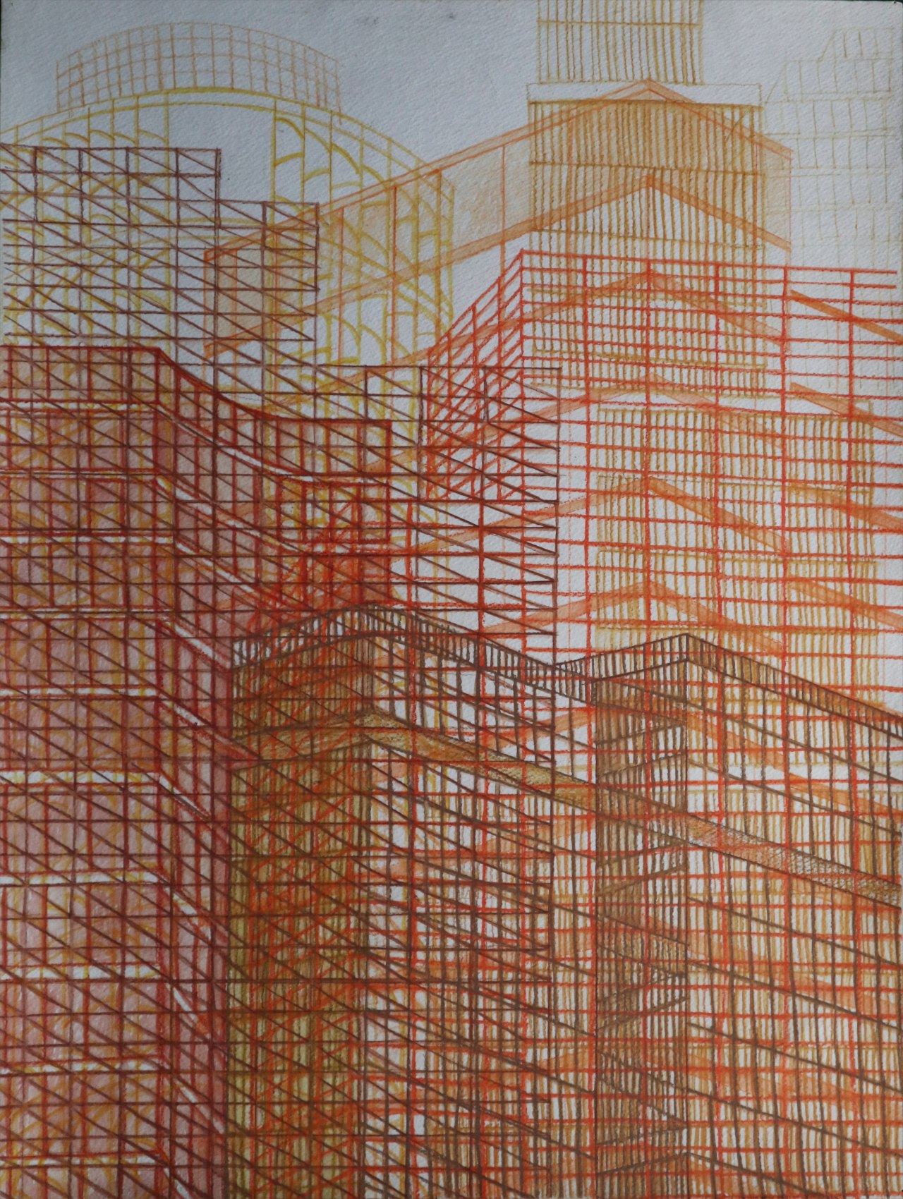 Pastel and watercolour drawing of city scape in shades of orange, red and yellow.