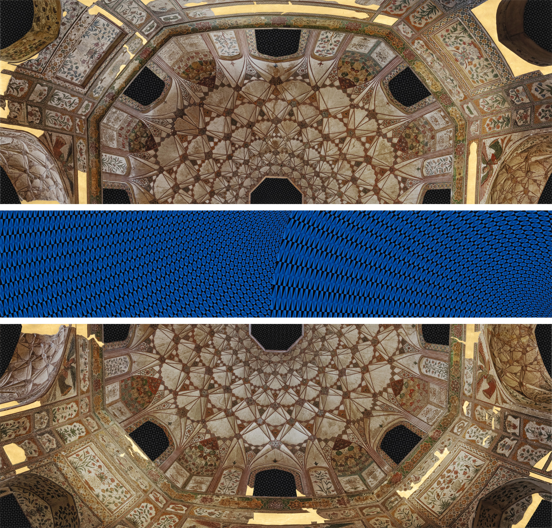 Blue abstract neo-miniature painting with digital photo of bath house ceiling