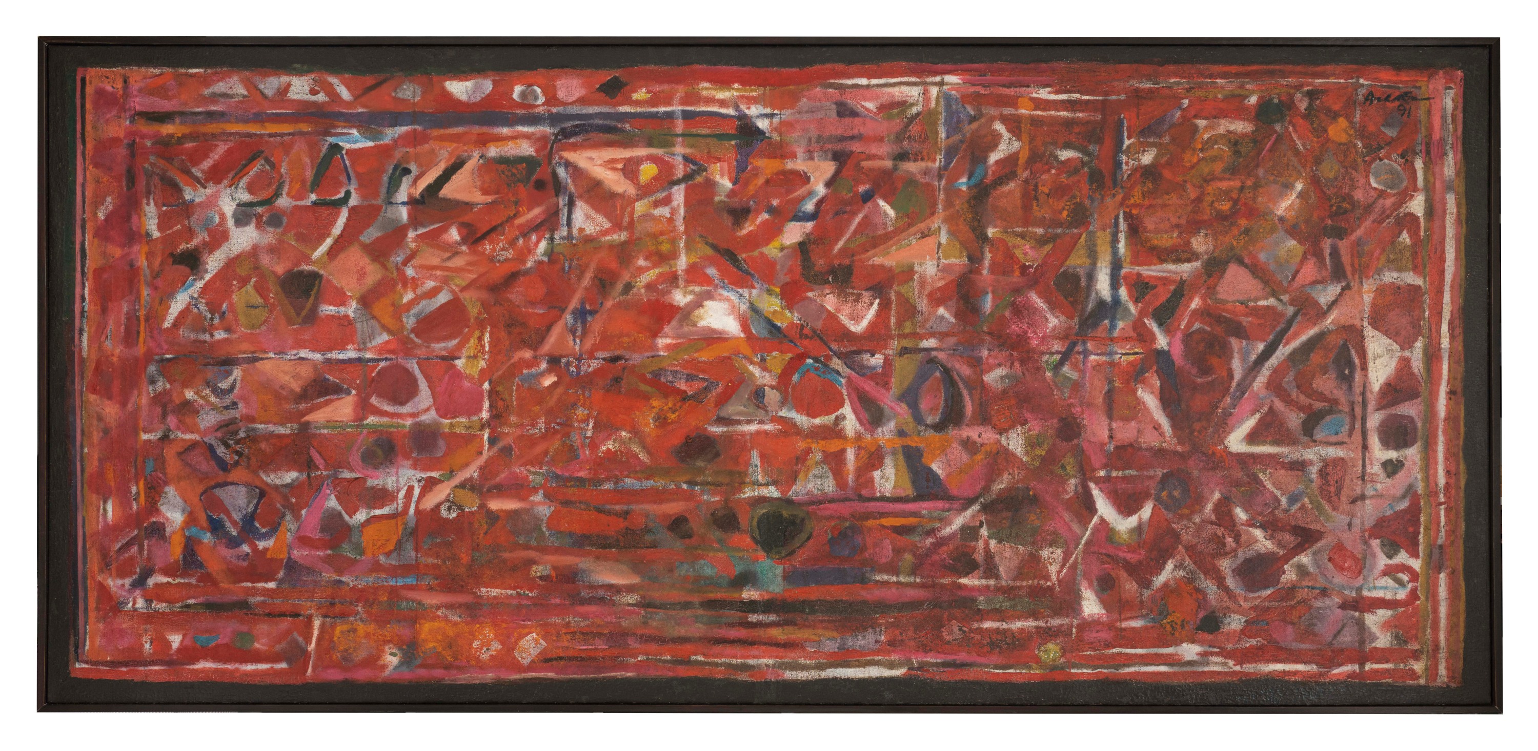 Abstract painting with red background and complimenting shapes and colours overtop.