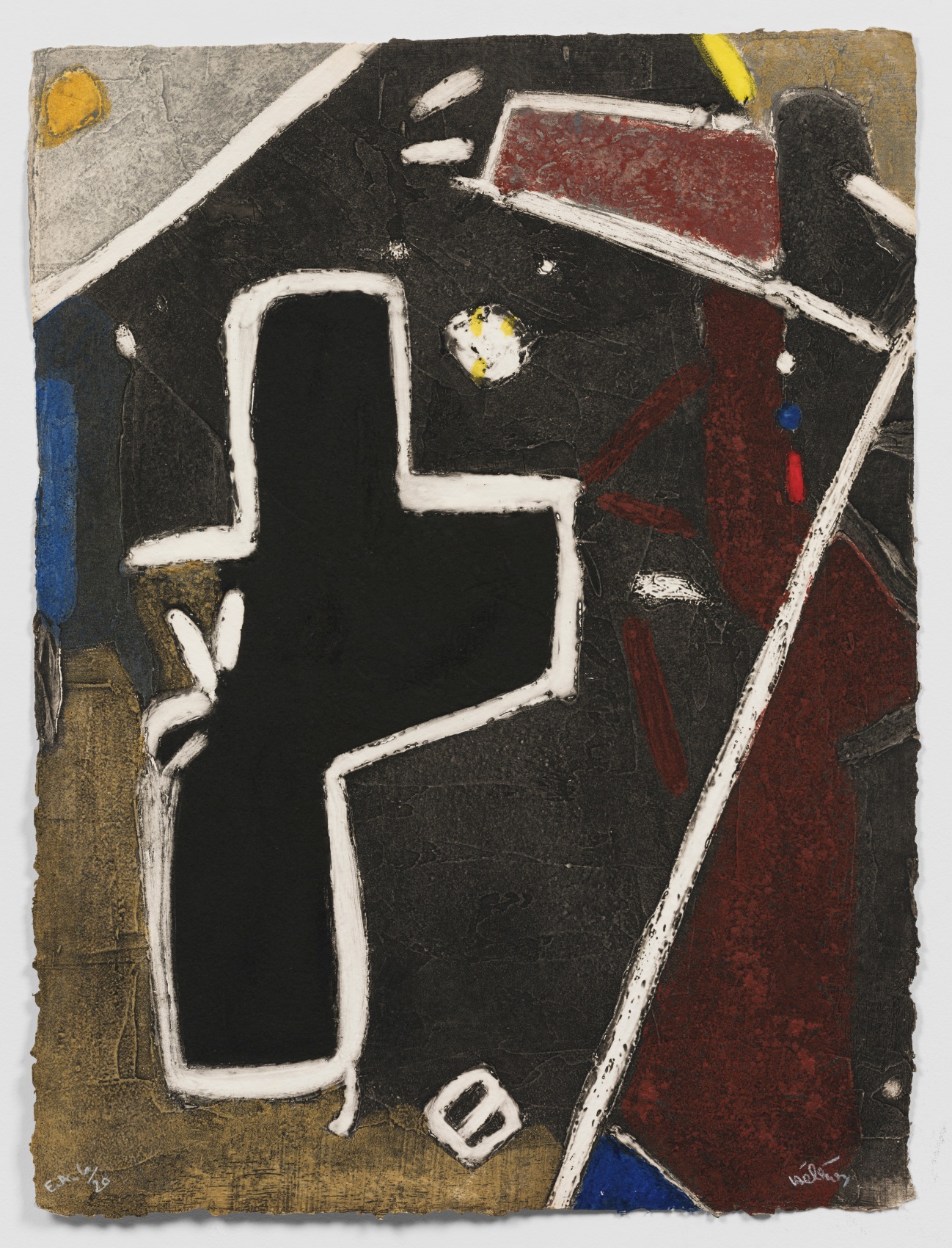 A highly textured abstract-figurative print