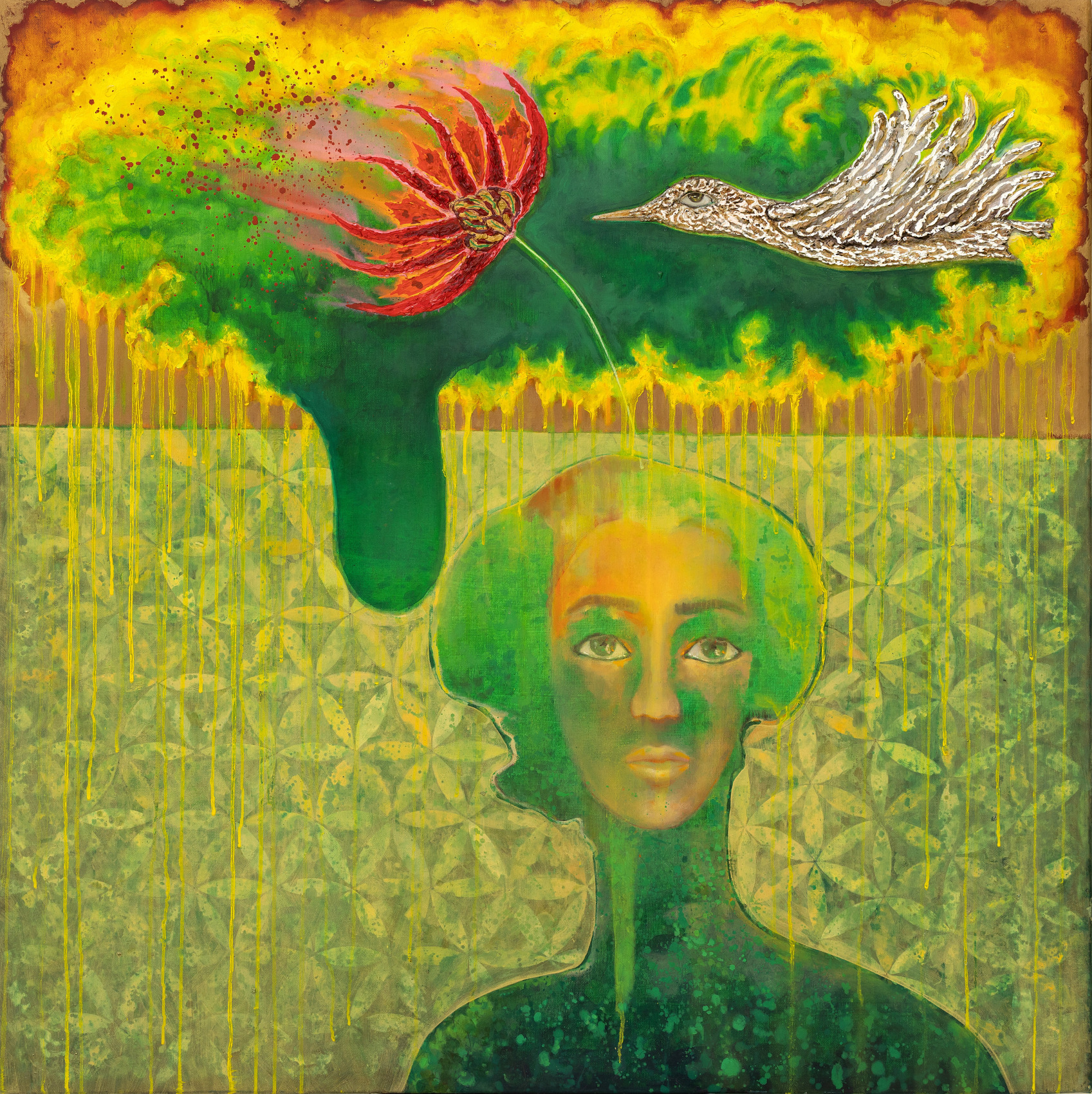 Painting of human figure on the bottom of the canvas and a flower and bird figure on the top part in red, brown green and yellow tones