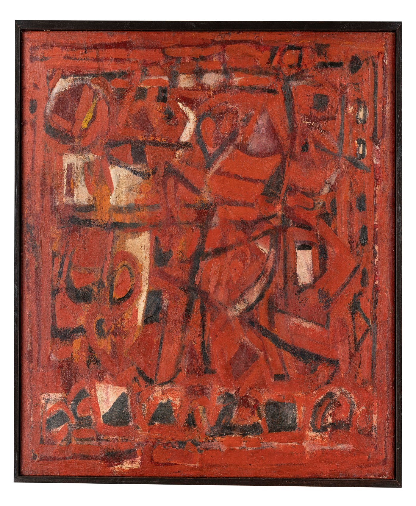 Abstract painting with red background and complimenting shapes and colours overtop.