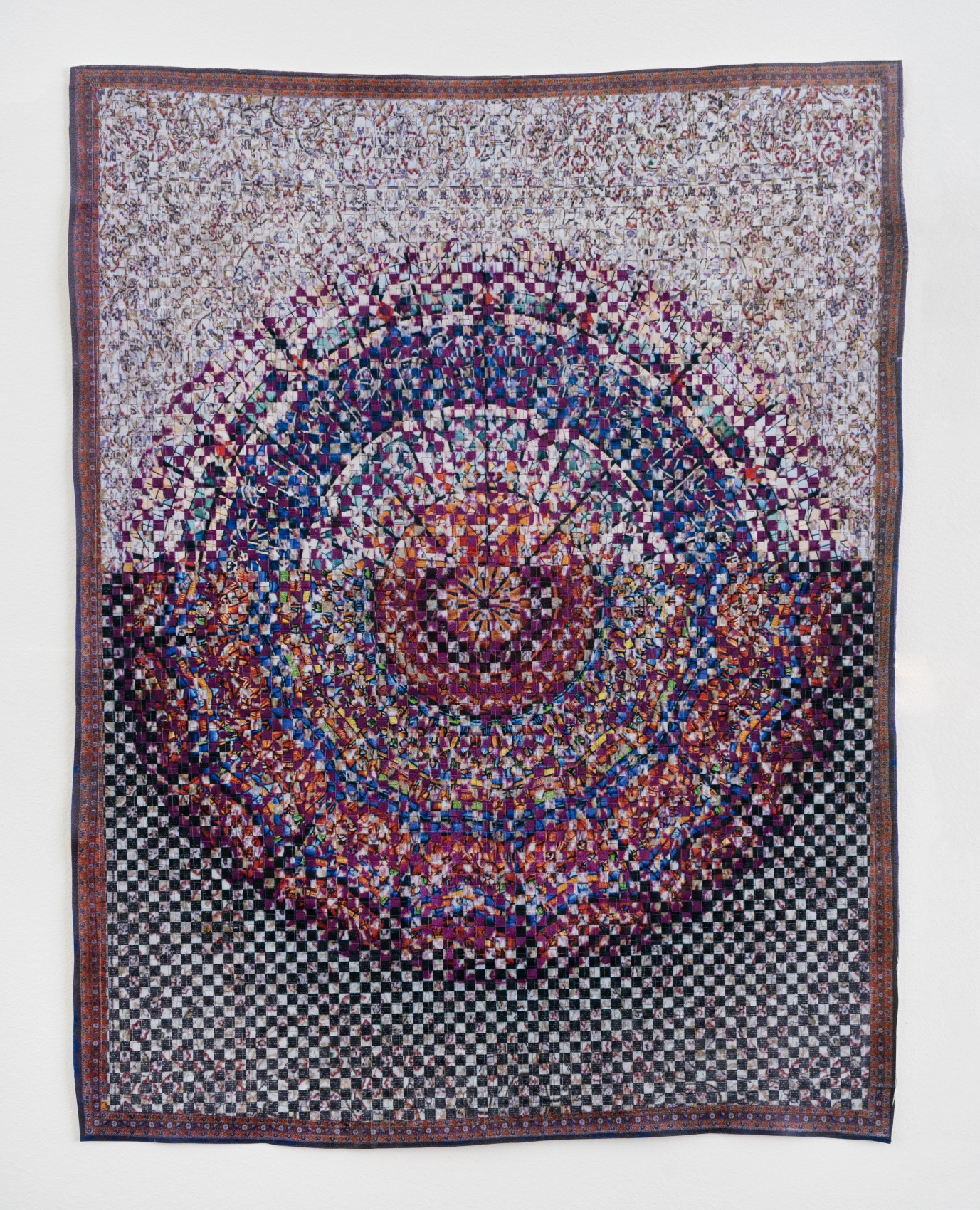 Woven paper artwork reminiscent of an oriental rug and stained glass windows