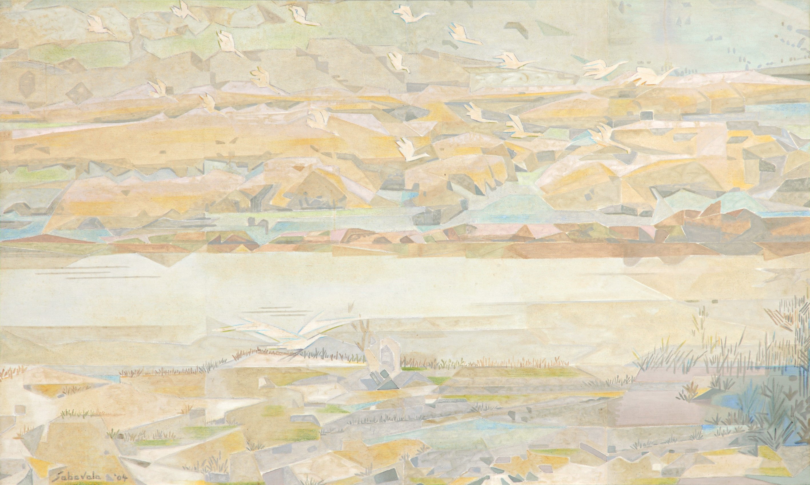 Jahangir Sabavala,&nbsp;Flight of the Egrets I,&nbsp;2004, Oil, acrylic and oil pastel on canvas, 36 x 60 in (91.4 x 152.4 cm)