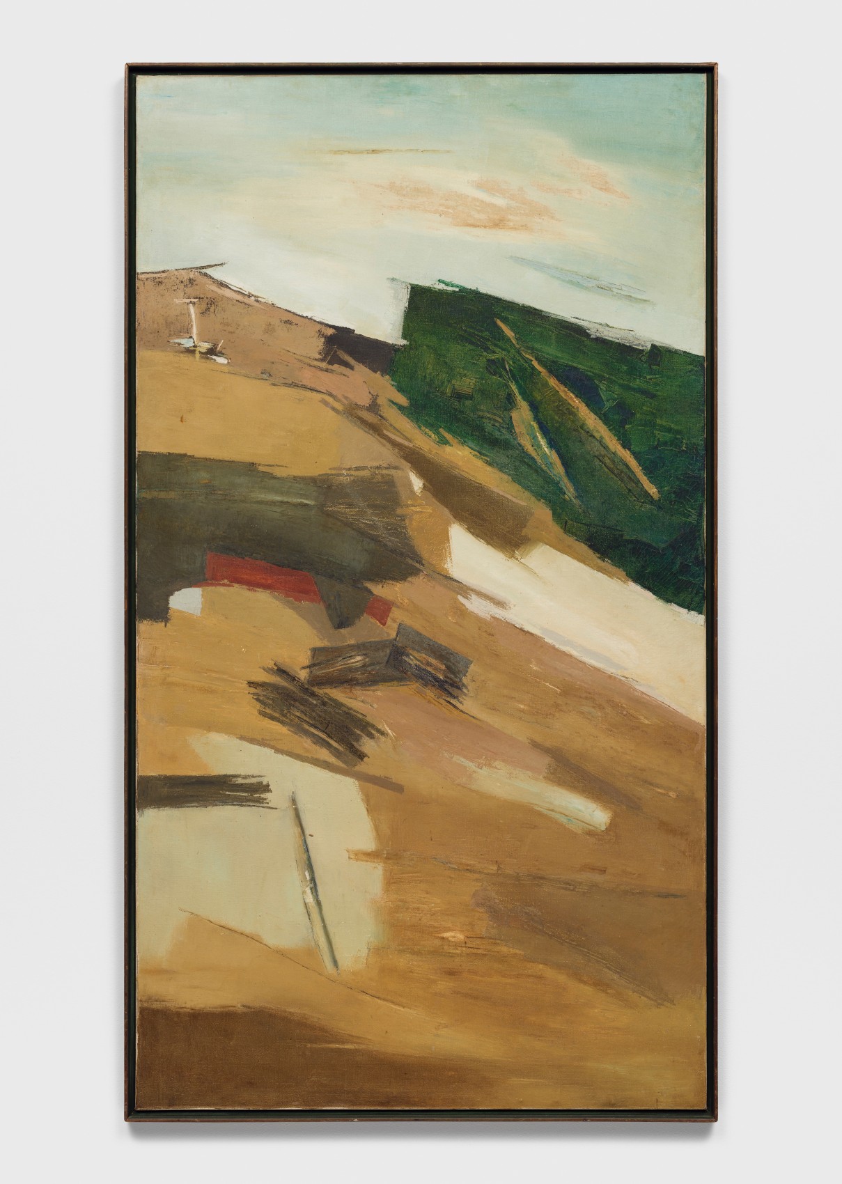 Abstract vertical landscape, predominantly tan and brown tones with a pop of green in the upper right composition