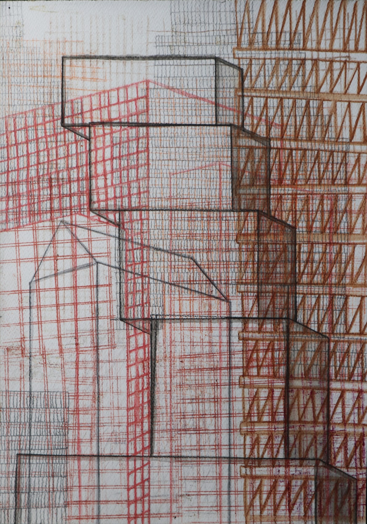 Pastel and watercolour drawing of city scape in shades of orange, red and yellow.