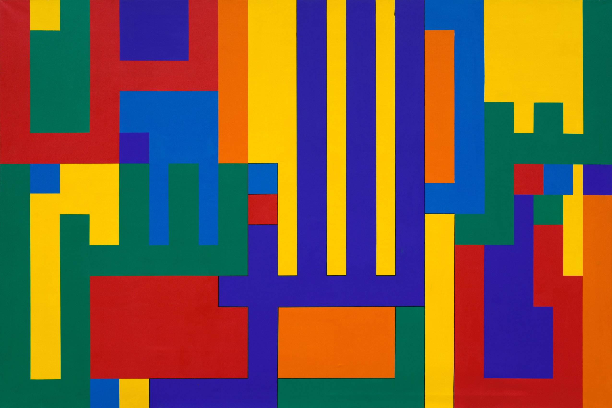 Bright geometric calligraphic painting - the title translates to &quot;dialogue/conversation&quot;