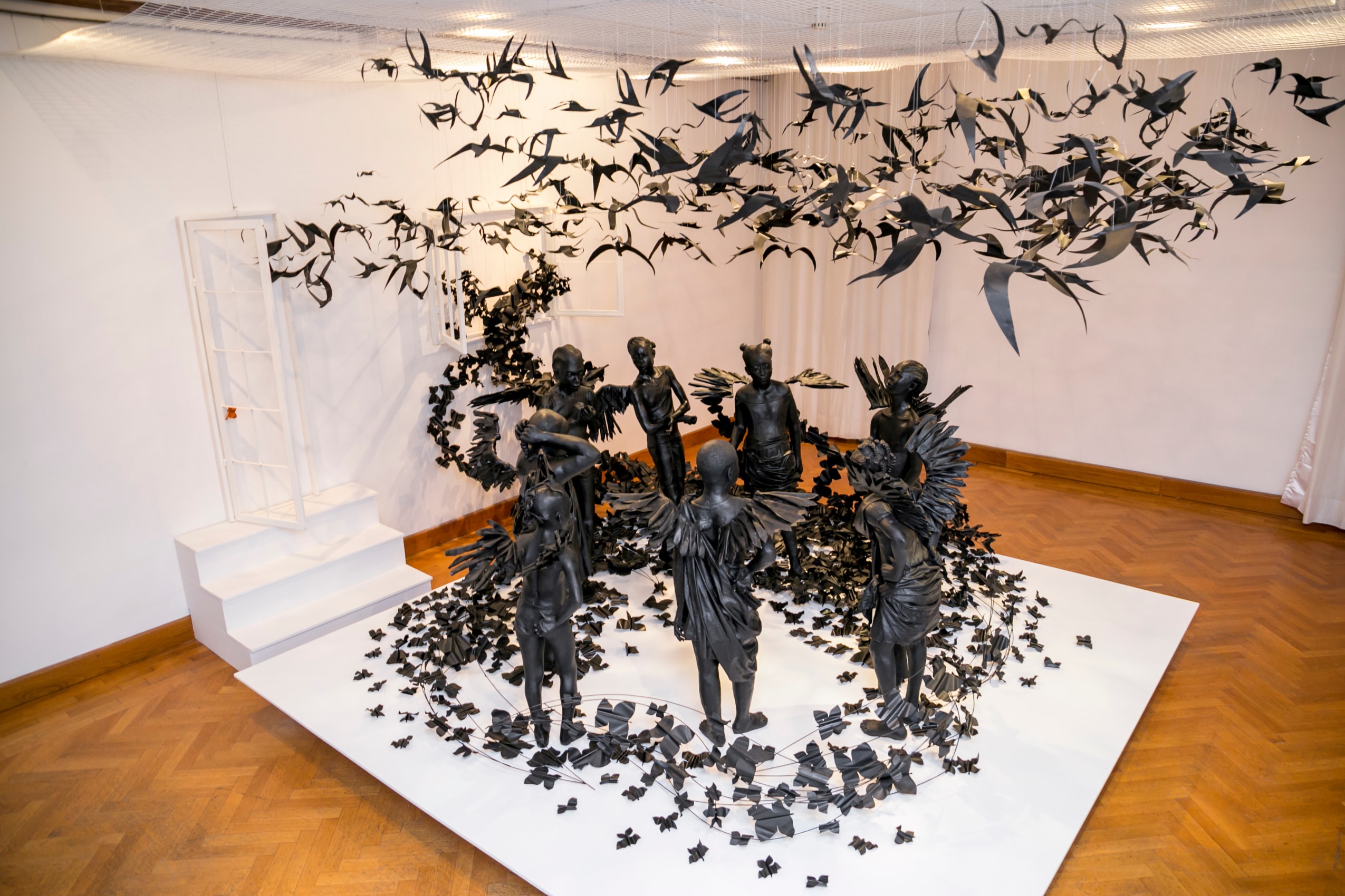 Peju Alatise , Flying Girls&nbsp;(Venice Biennial 2017, Nigeria Pavilion),&nbsp;2016,&nbsp;Metal, fiberglass, plaster of Paris, resins, cellulose, black matte paint, 157 x 157 x 110 in
