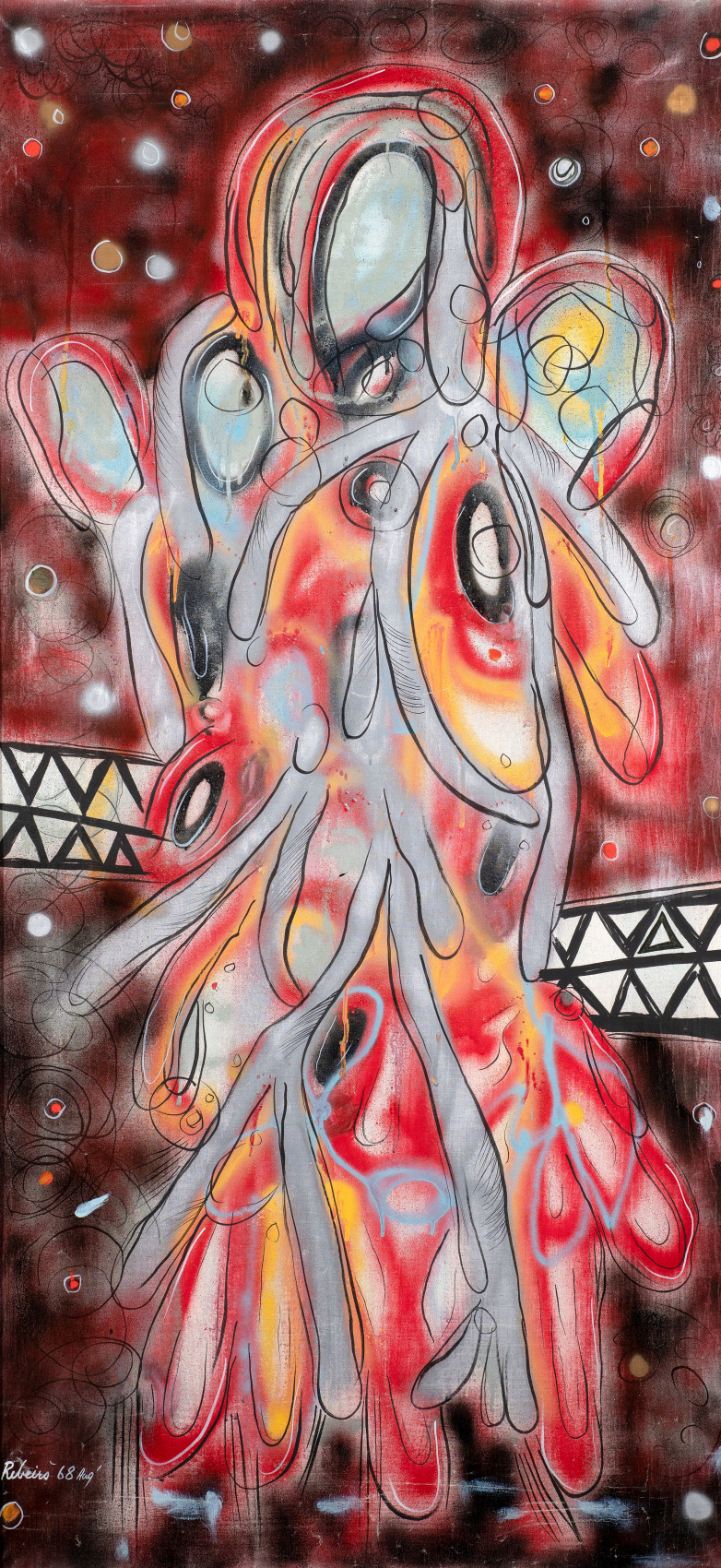 Horizontal red and black tone of background with grey and red tone of figure in the middle