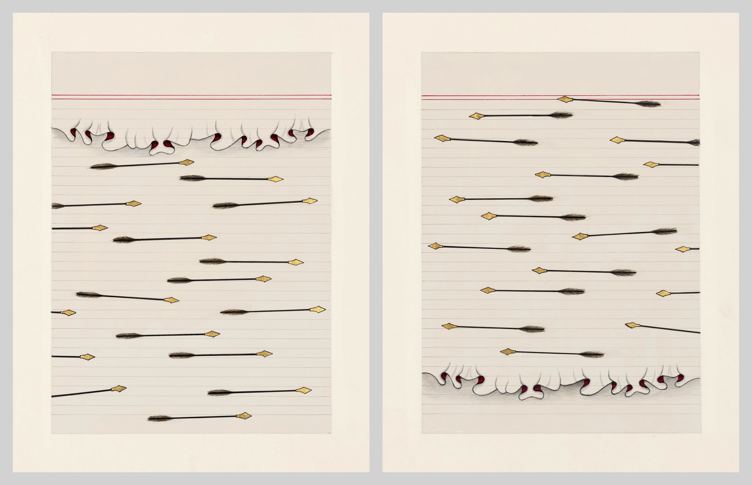 Painting of spears and a ruffled hem on wasli paper