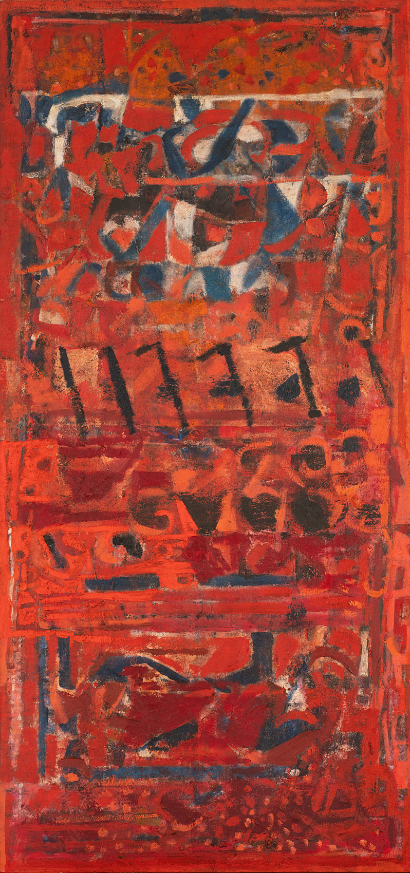 Abstract painting in red and blue swirls