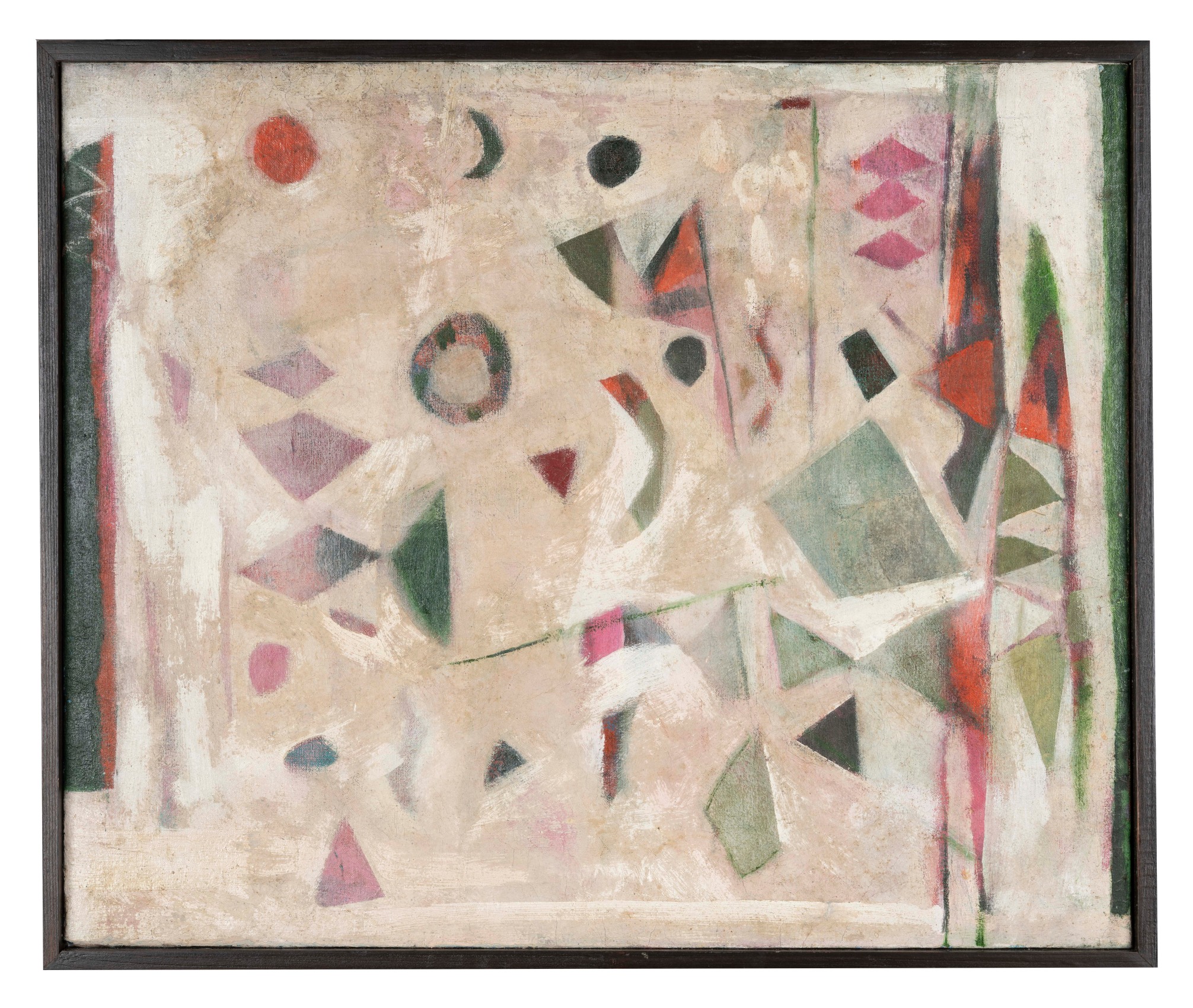 Abstract painting with white background and complimenting shapes and colours overtop.