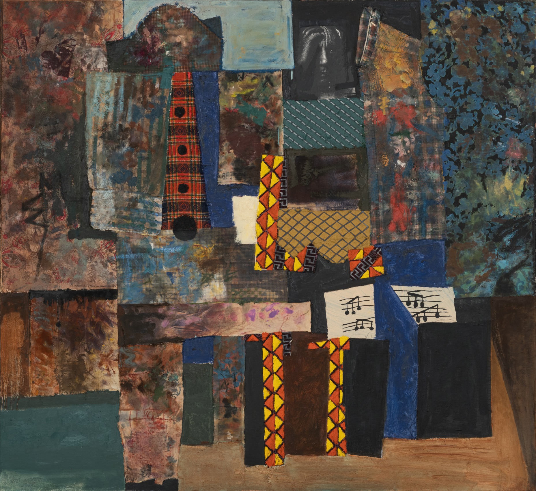 Mohammad Omer Khalil , Homage to Picasso (The Three Musicians),&nbsp;2013,&nbsp;Oil and collage on canvas,&nbsp;66 x 72 in