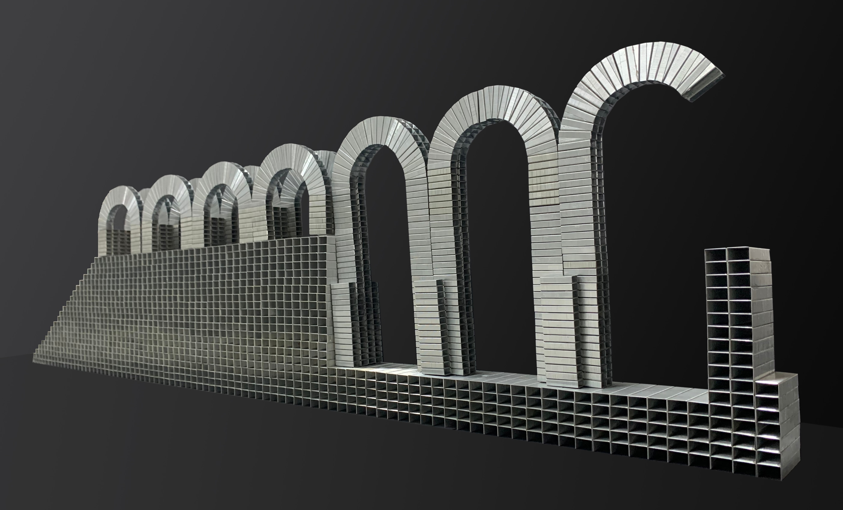 Pooja Iranna,&nbsp;a story unfolds, 2022, Staple pins, 45 x 11 x 2 in (114.3 x 27.94 x 5.08 cm)