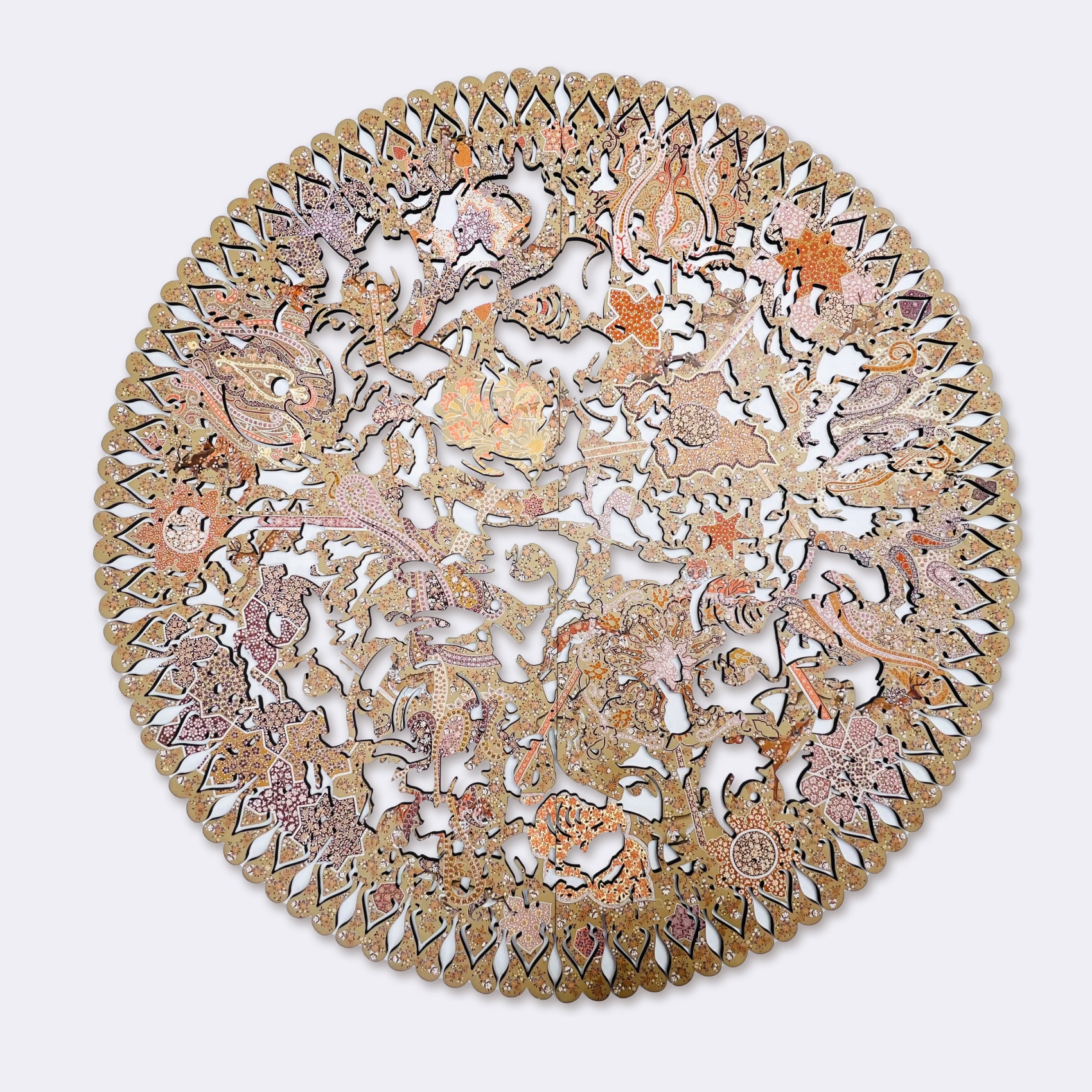brown tone of flowers and patterns are hand painted on the circular shape of the MDF wood