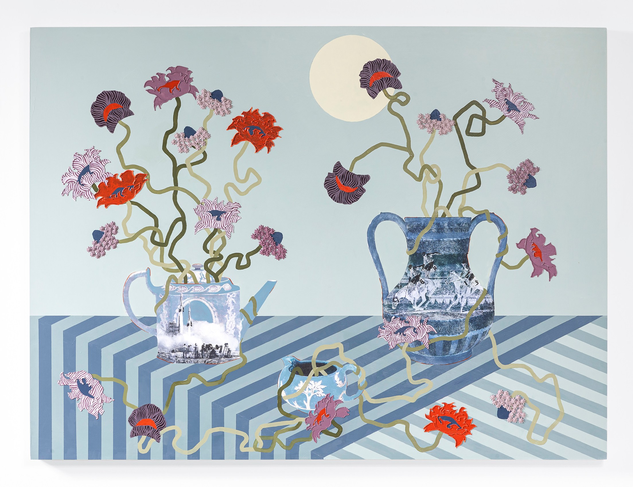 Still life with flowers and classical vessels reimagined as a surreal landscape