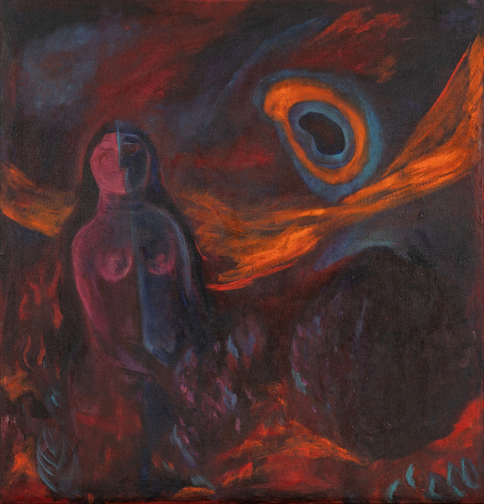 Expressionistic figurative painting in mauves and pinks