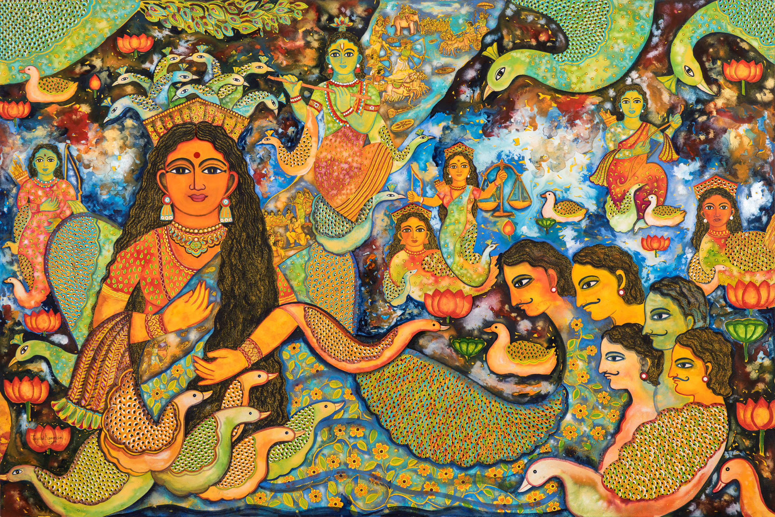 Jayasri Burman, Draupadi and the Five Pandavas, 2017, Mixed media on paper, 48 x 72 in